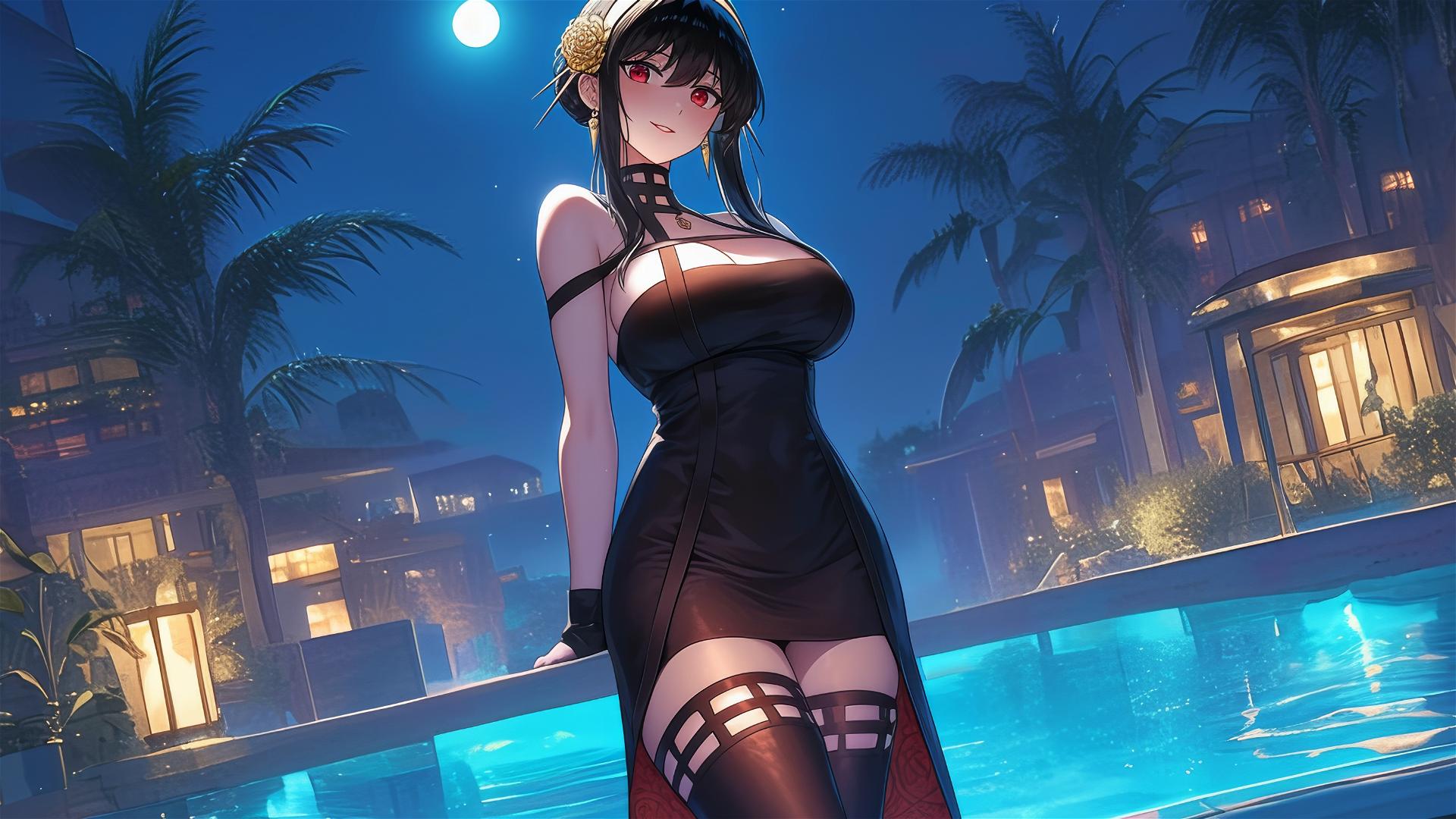 Yor Forger from Spy x Family standing in a pool under moonlight
