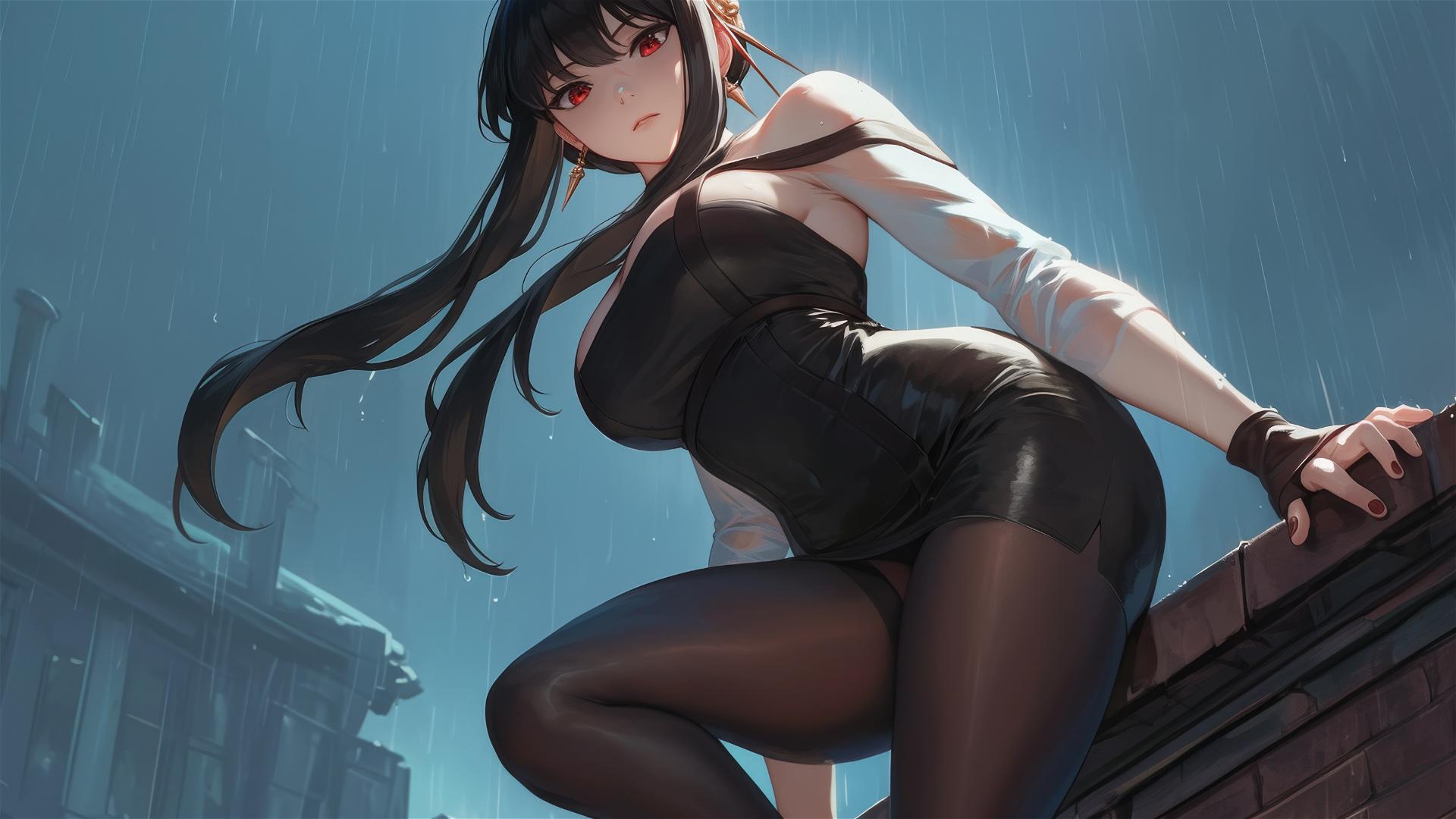 Yor Forger from Spy x Family on rainy rooftop with moonlight
