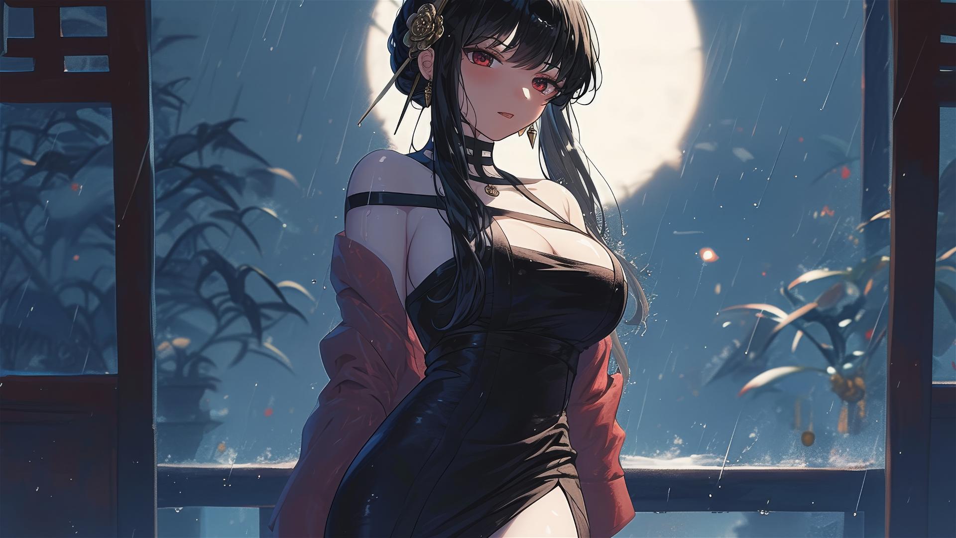Yor Forger in silk pajamas standing on a rainy rooftop under moonlit glow