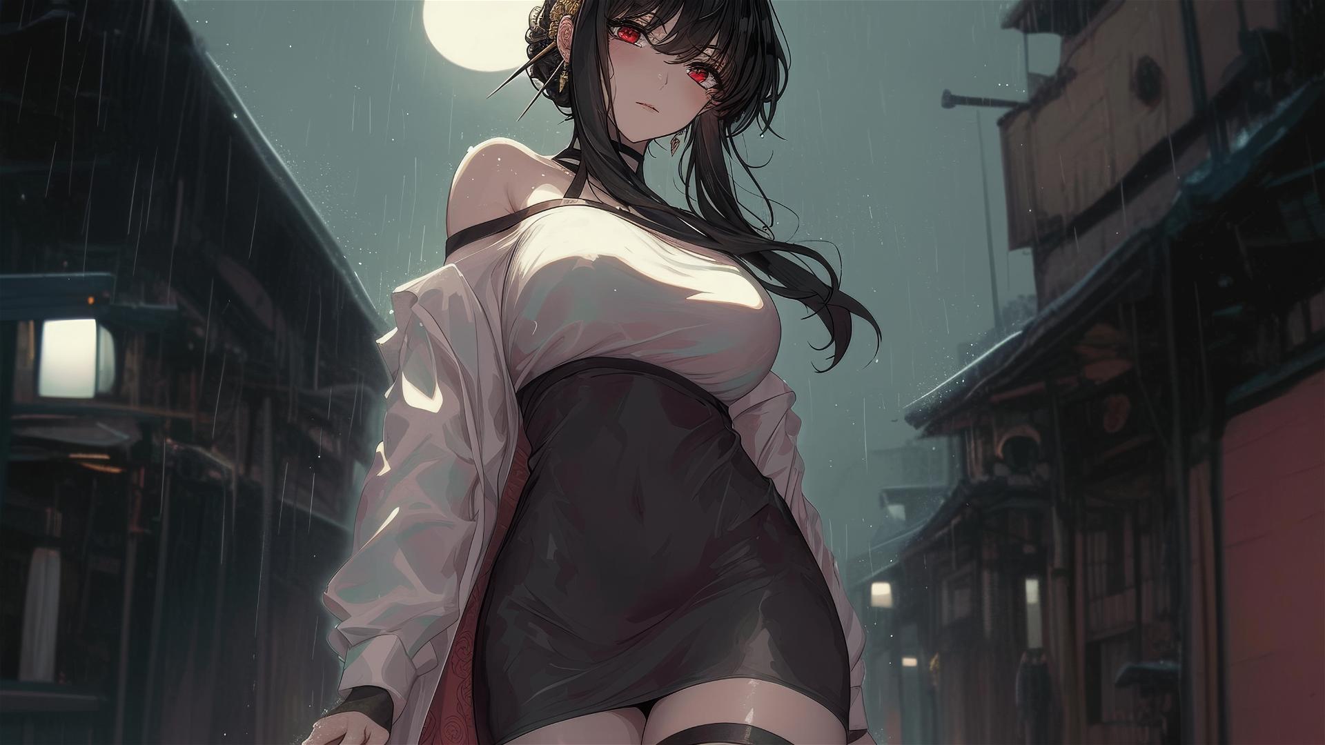 Yor Forger from Spy x Family standing on a rainy rooftop with moonlight glow