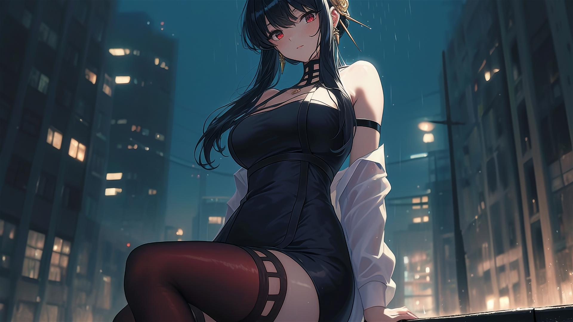 Yor Forger on a rooftop with moonlight, rain ambiance