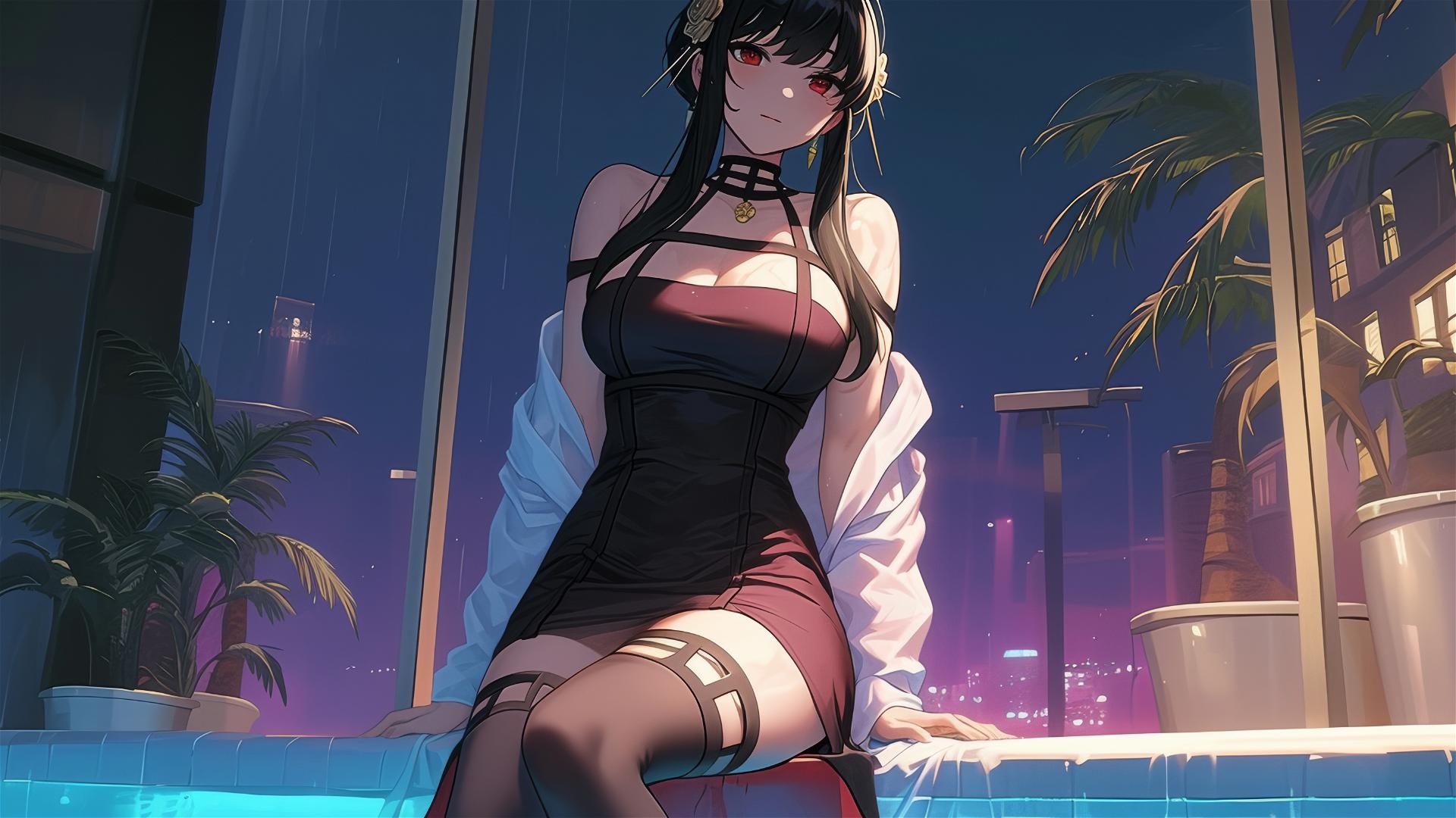 Yor Forger from Spy x Family standing in a pool under moonlight