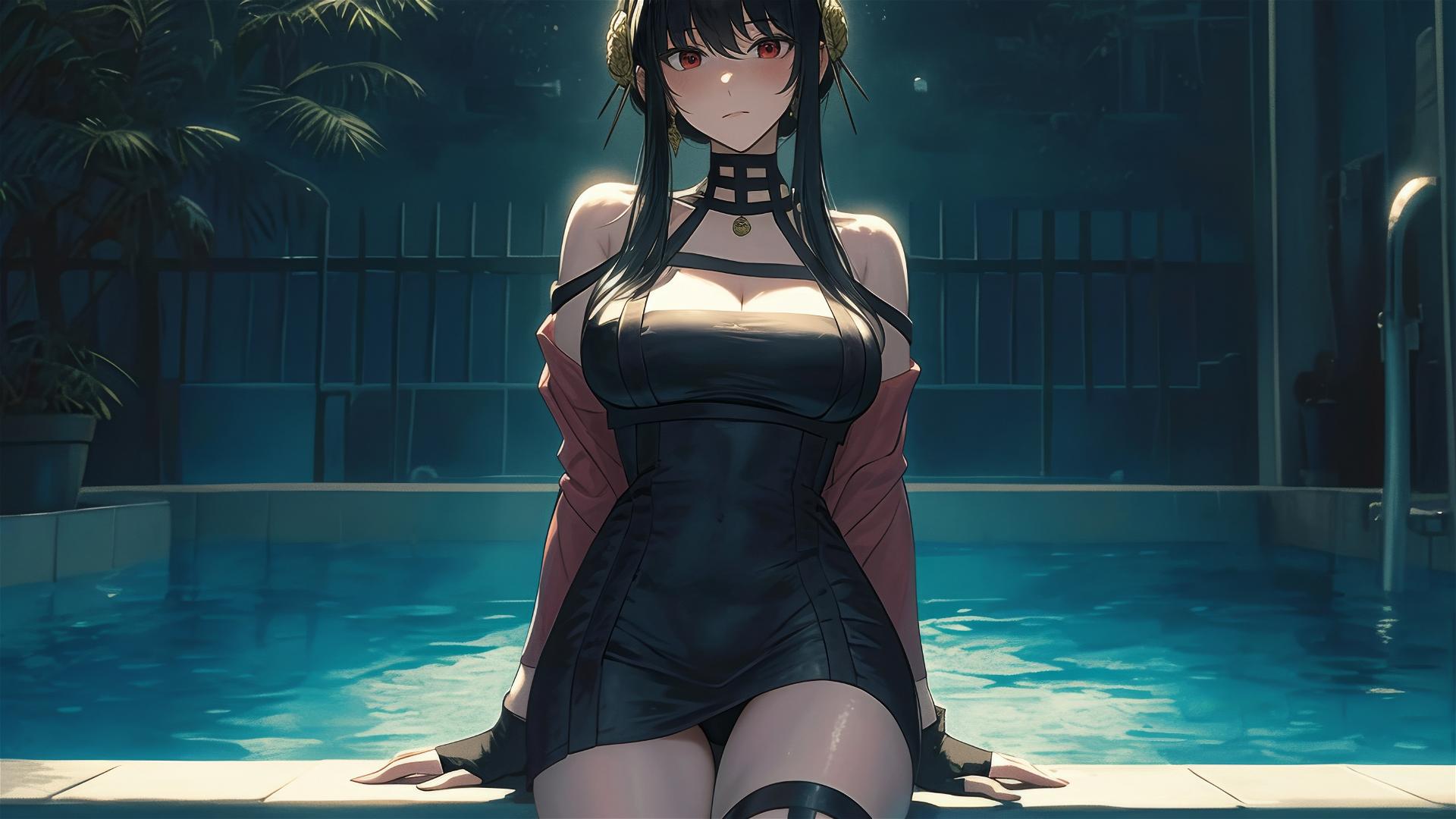 Yor Forger from Spy x Family standing in a pool under moonlight