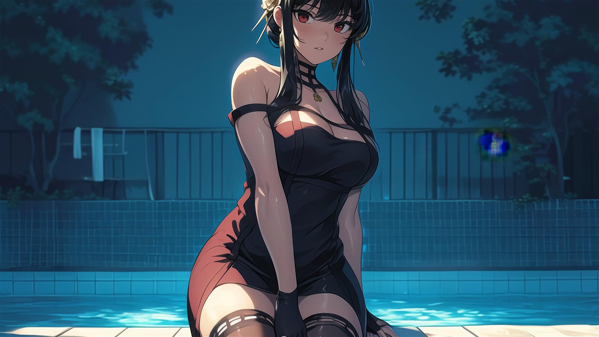 Yor Forger from Spy x Family standing in a pool under moonlight