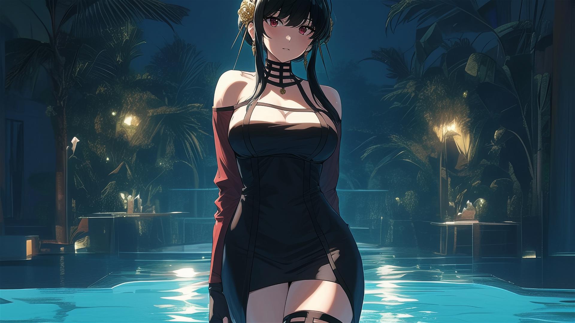Yor Forger from Spy x Family standing in a pool under moonlight