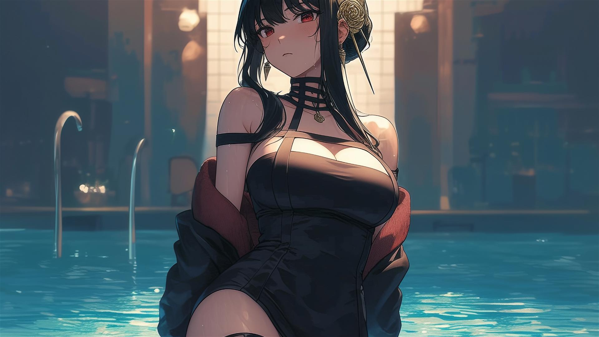 Yor Forger from Spy x Family in a moonlit pool