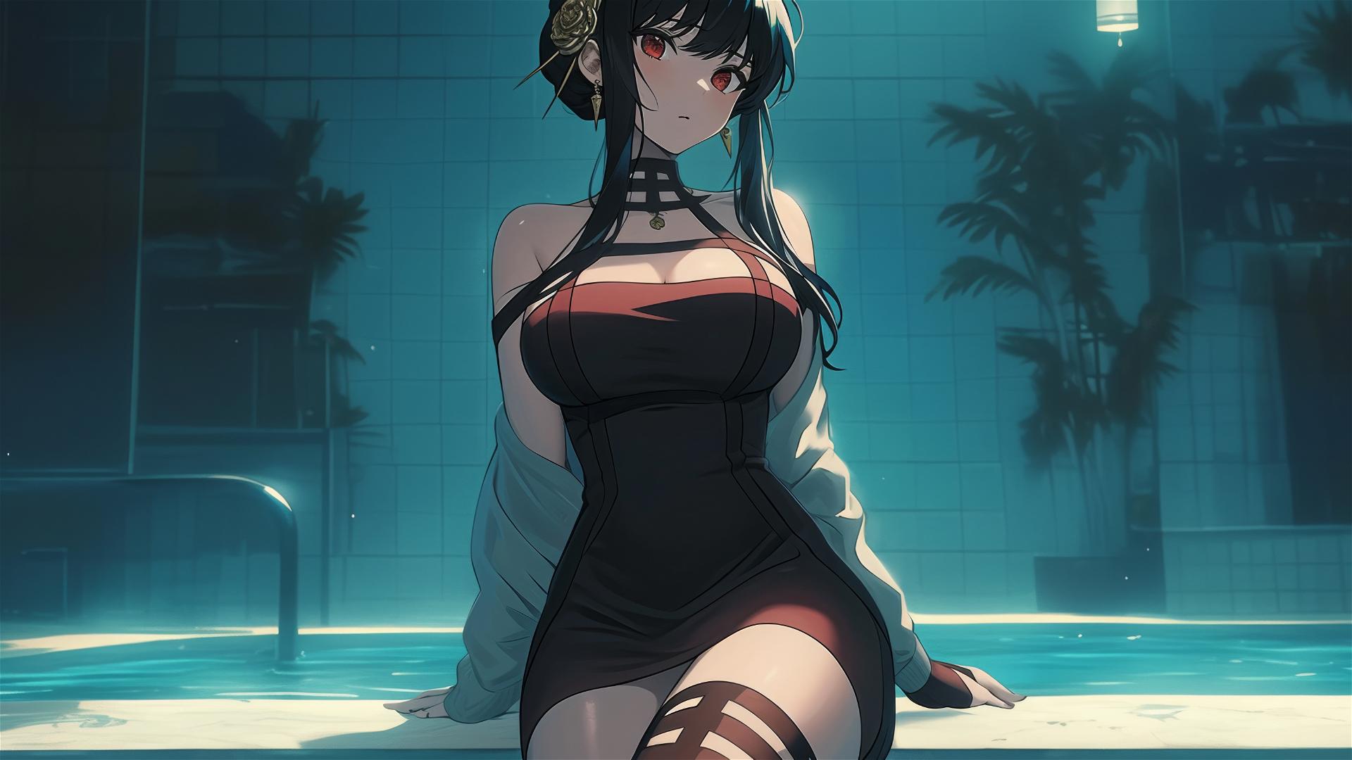 Yor Forger from Spy x Family standing in a pool under moonlight