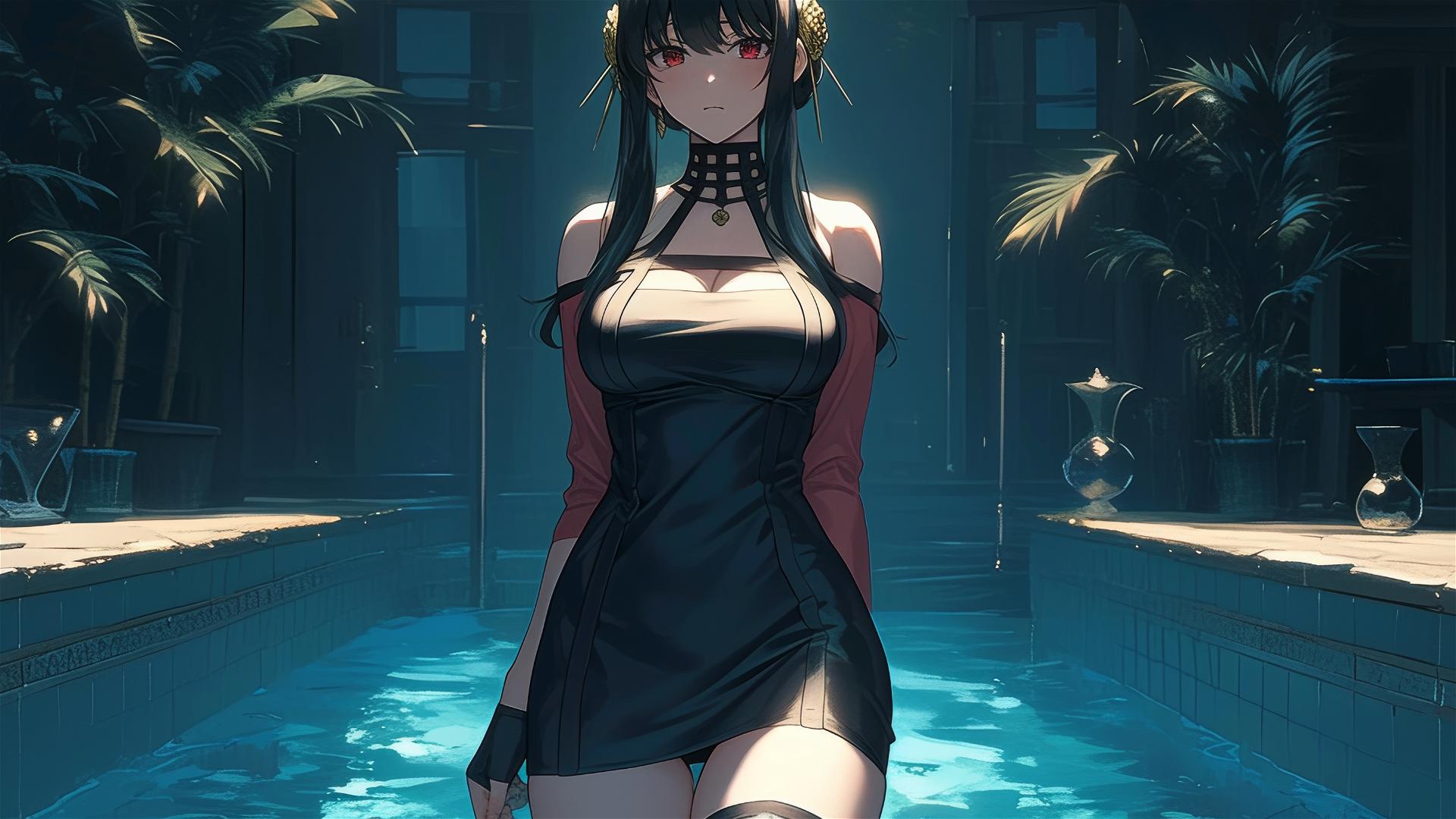 Yor Forger from Spy x Family standing in a pool under moonlight