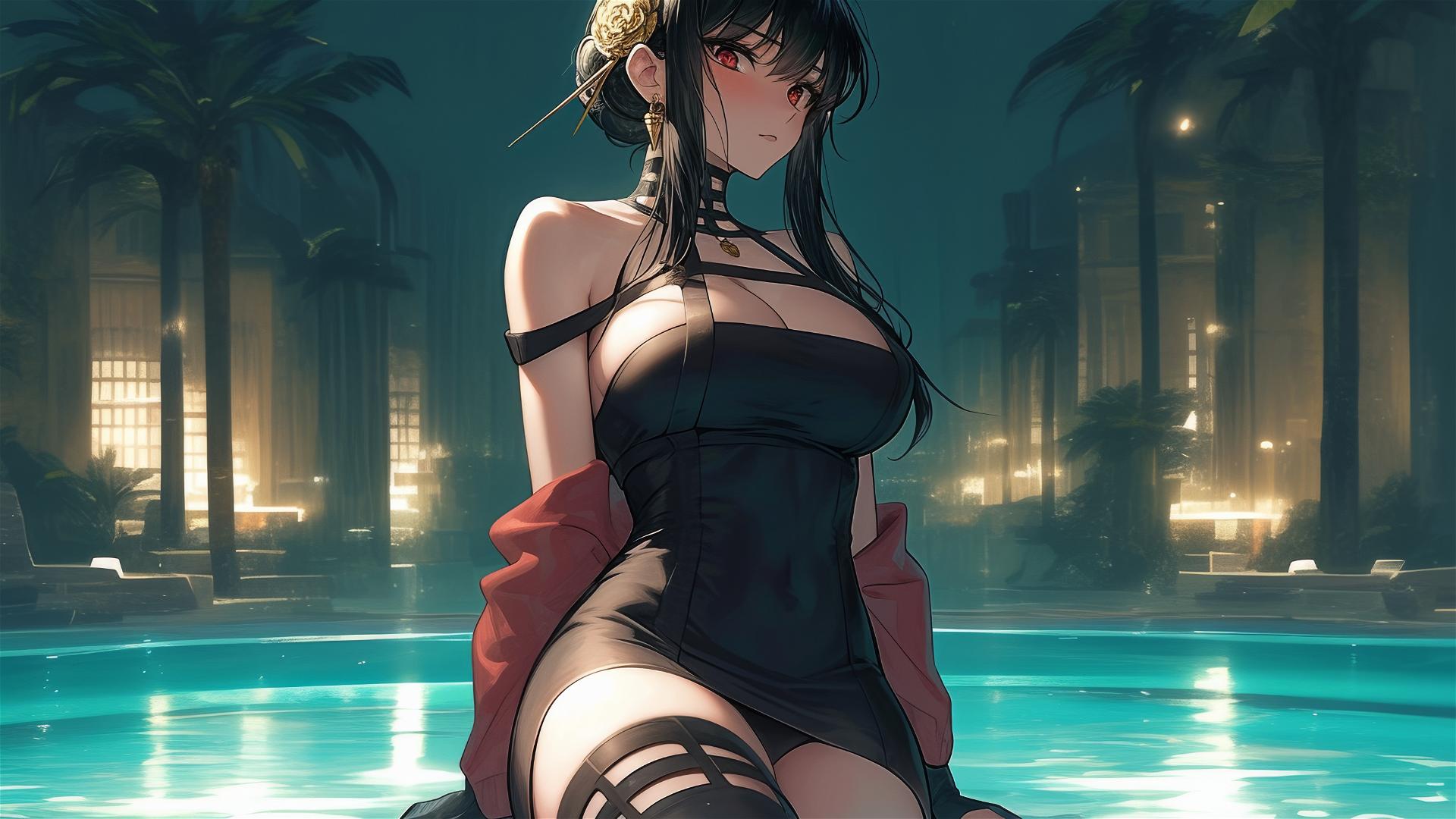 Yor Forger from Spy x Family standing in a pool under moonlight
