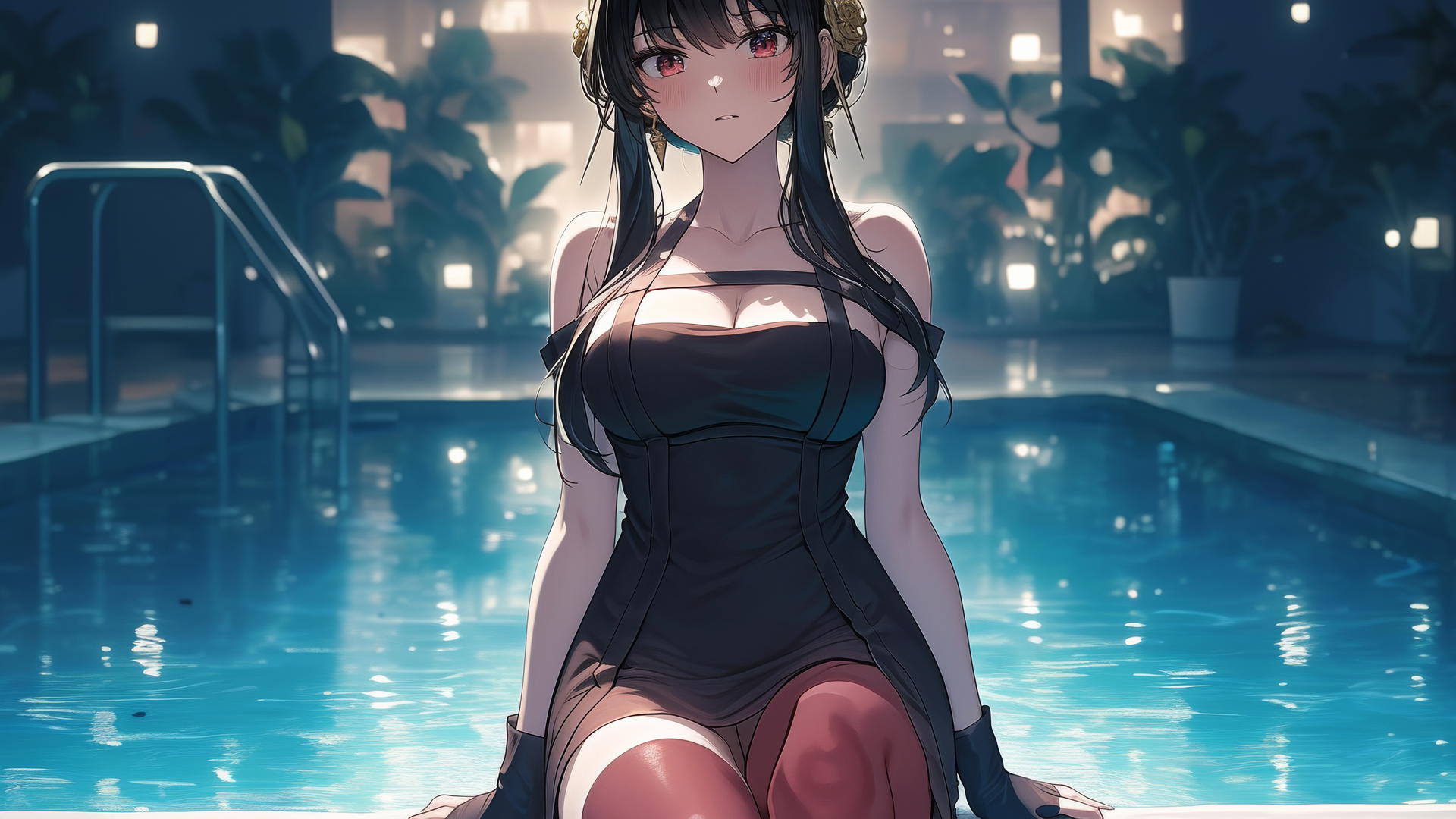 Yor Forger from Spy x Family standing in a pool under moonlight