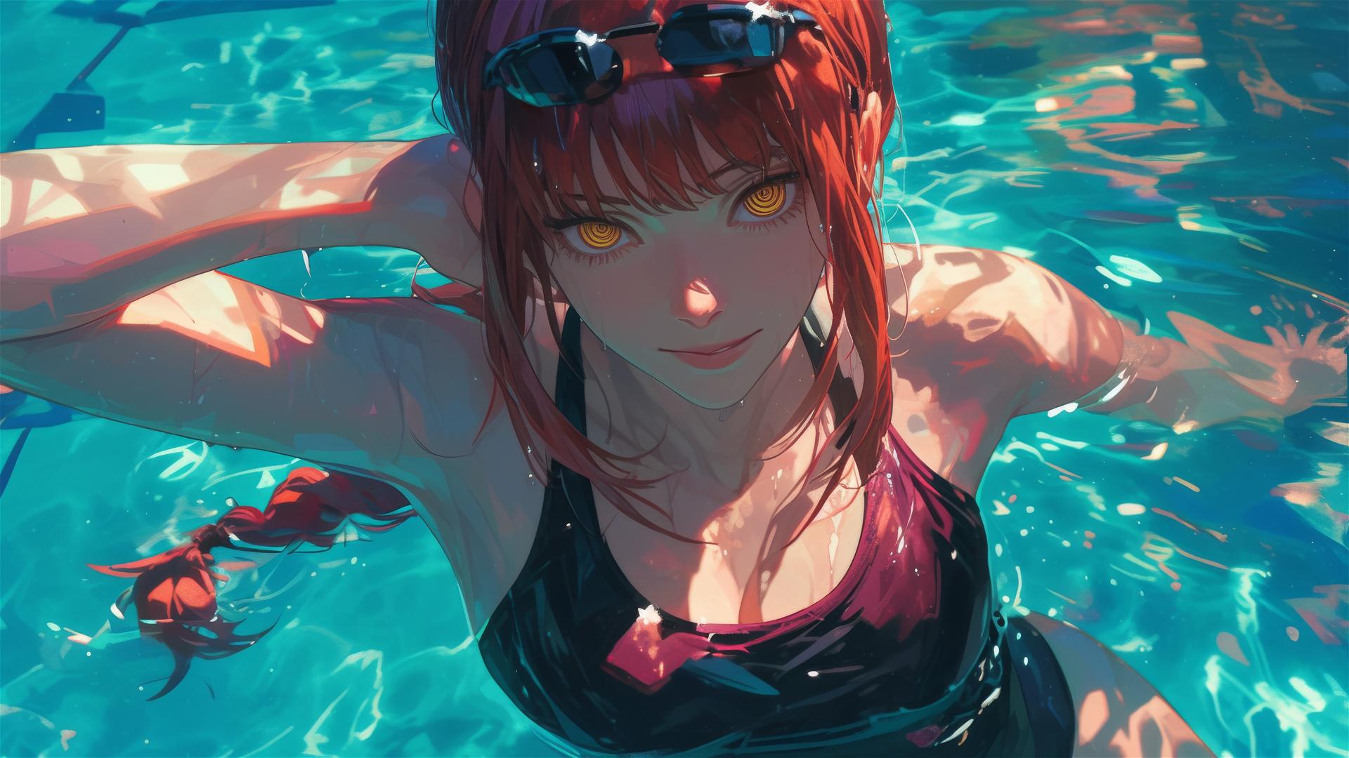 Makima from Chainsaw Man swimming in a pool under moonlight with glowing red hair