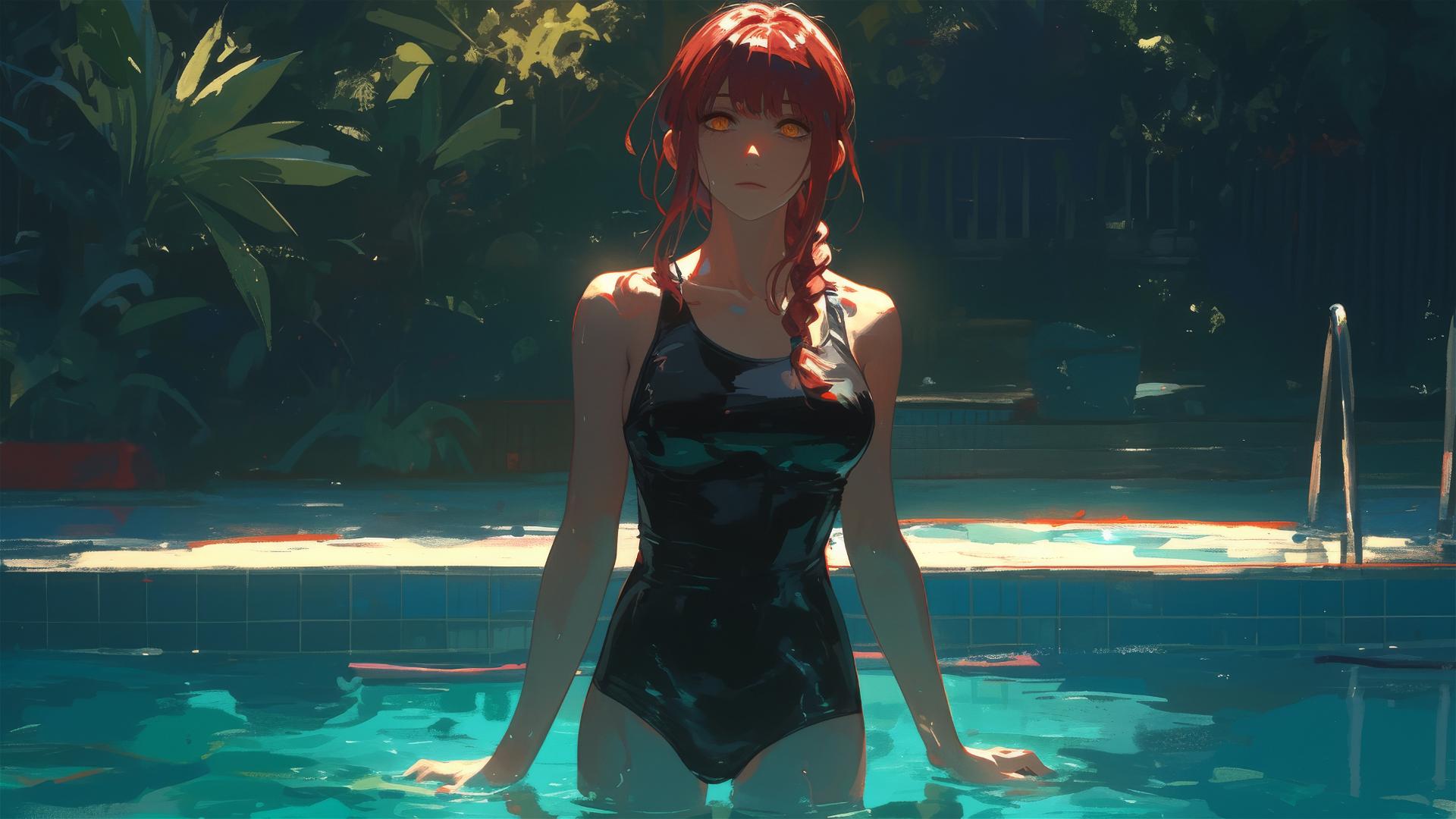 Makima from Chainsaw Man standing in a pool under moonlight