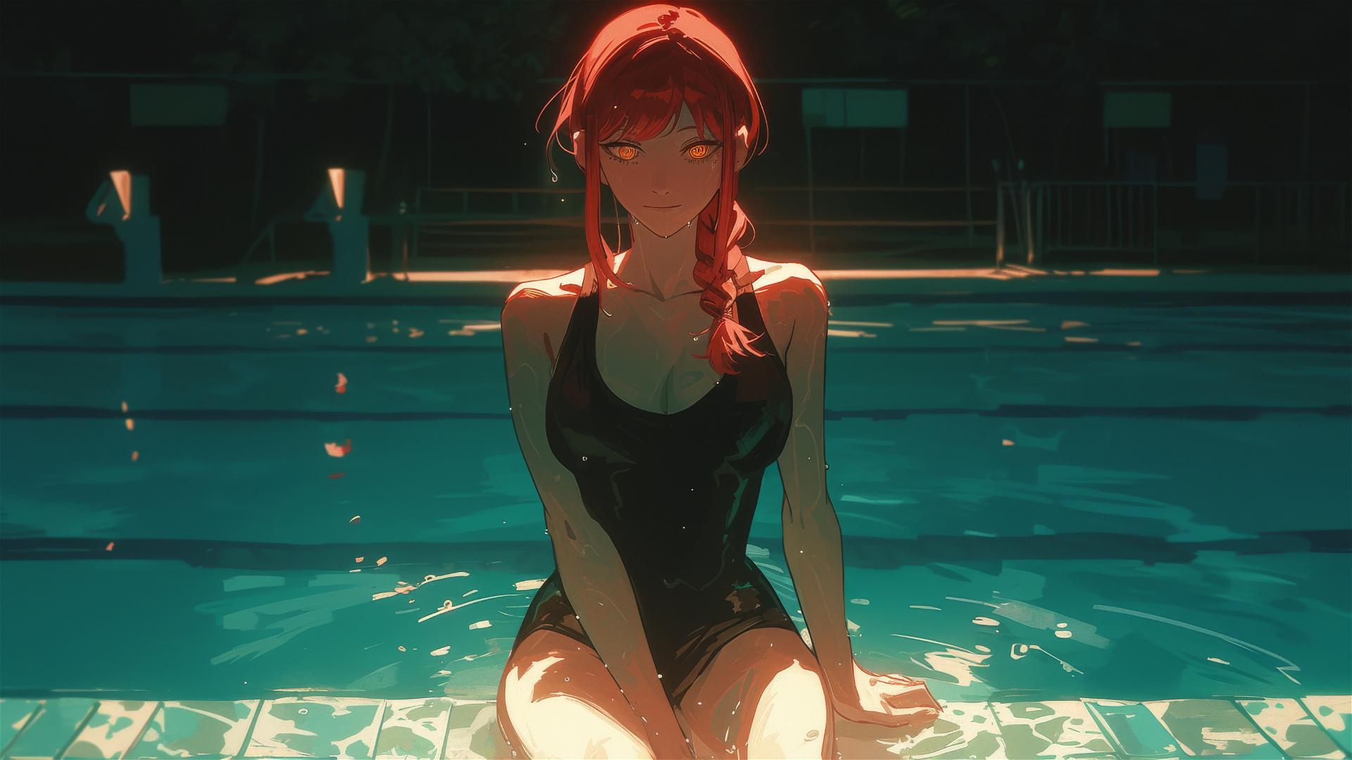 Makima from Chainsaw Man standing in a pool, moonlight on her red hair