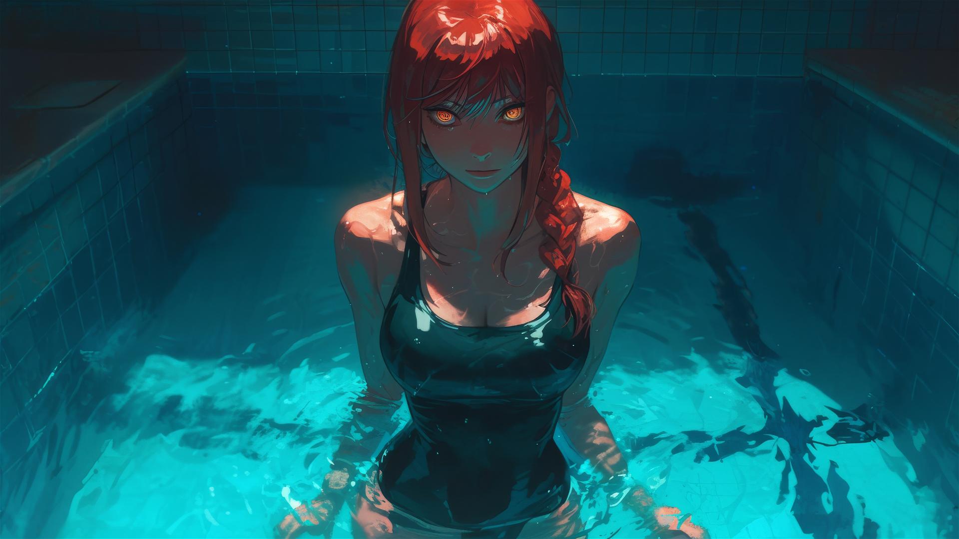 Makima from Chainsaw Man standing in a pool under moonlight, red hair glistening