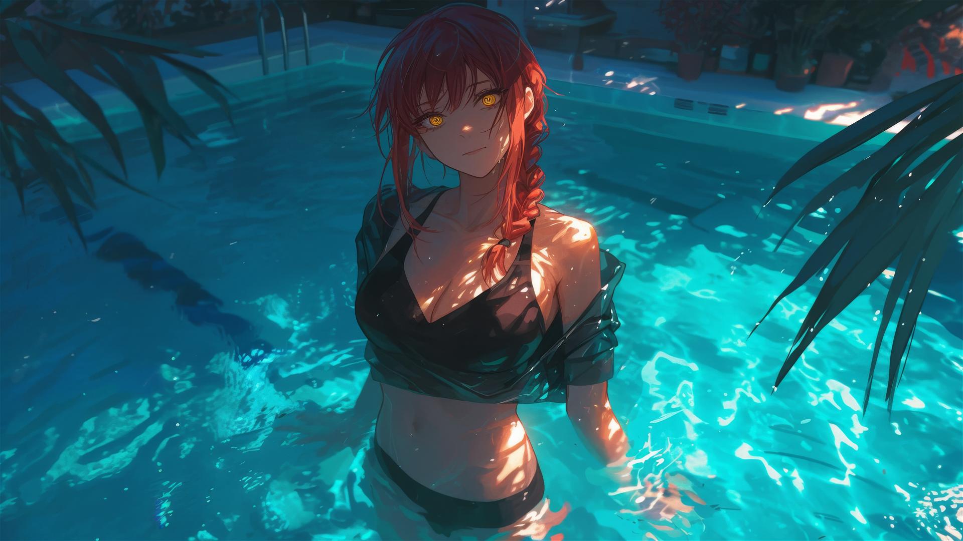 Makima from Chainsaw Man standing in a pool under moonlight, red hair glowing