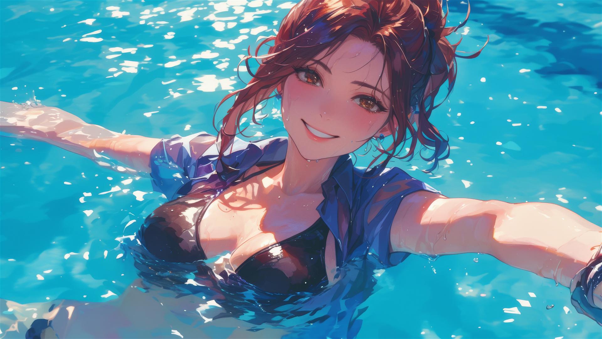 Sasha Blouse from Attack on Titan swimming in a moonlit pool