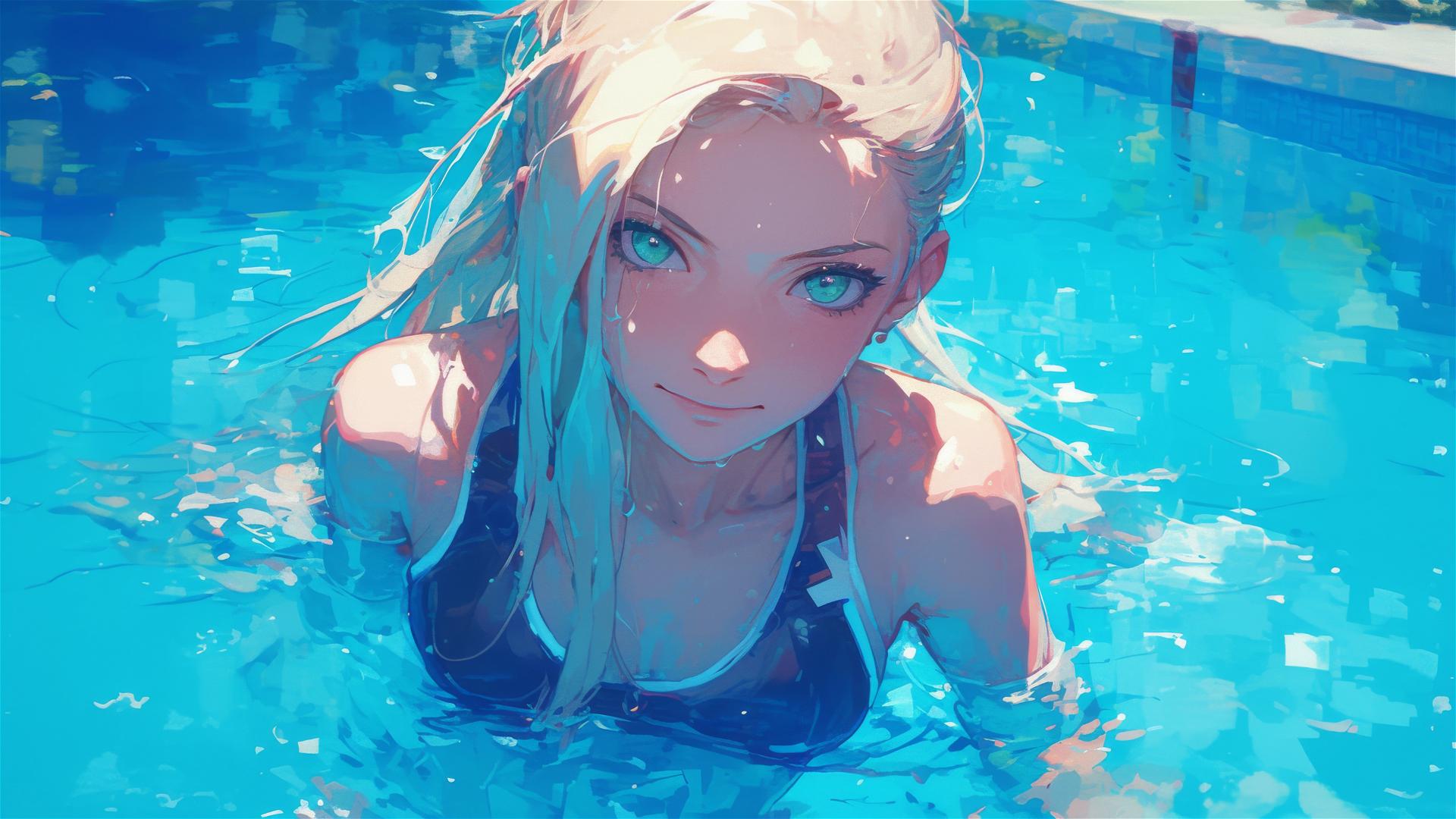 Ino Yamanaka swimming in moonlit pool with green eyes