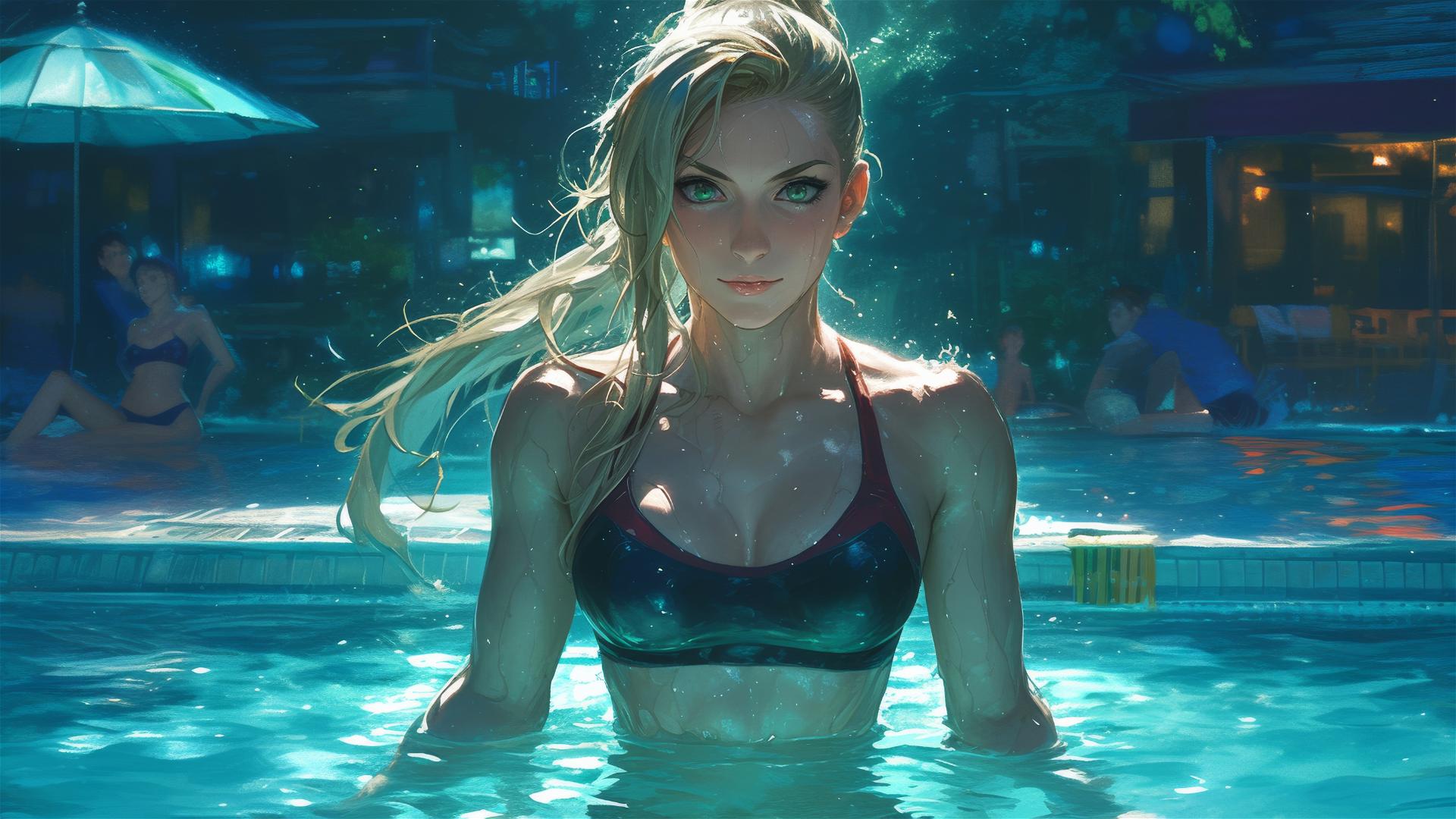 Ino Yamanaka swimming under moonlight with glowing green eyes