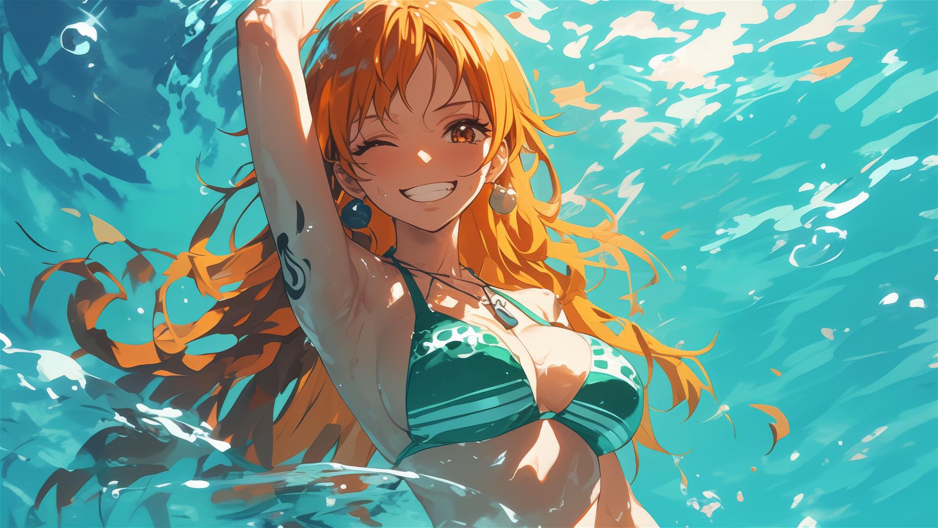 Nami from One Piece standing in pool under moonlight