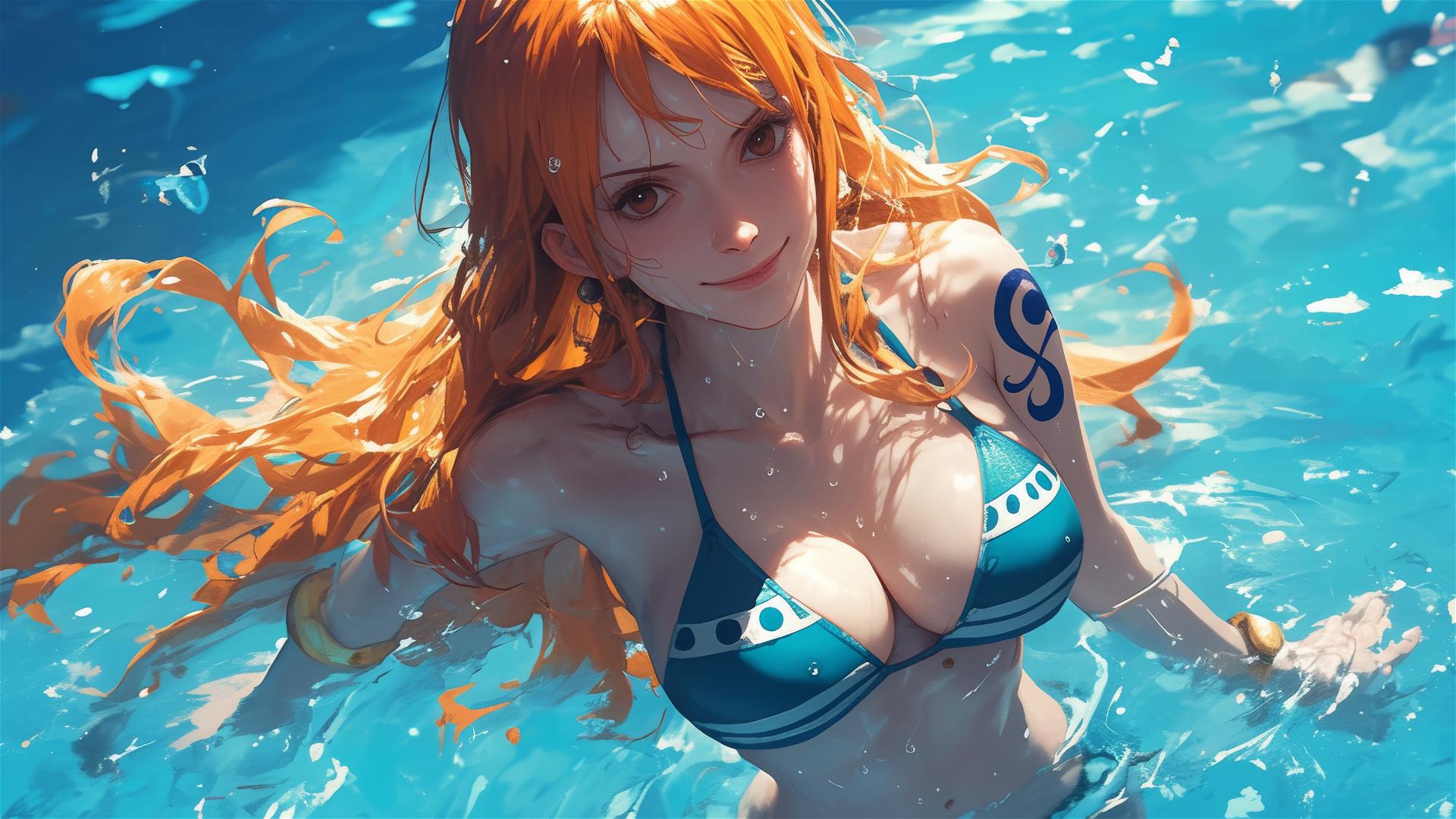 Nami from One Piece by poolside under moonlight