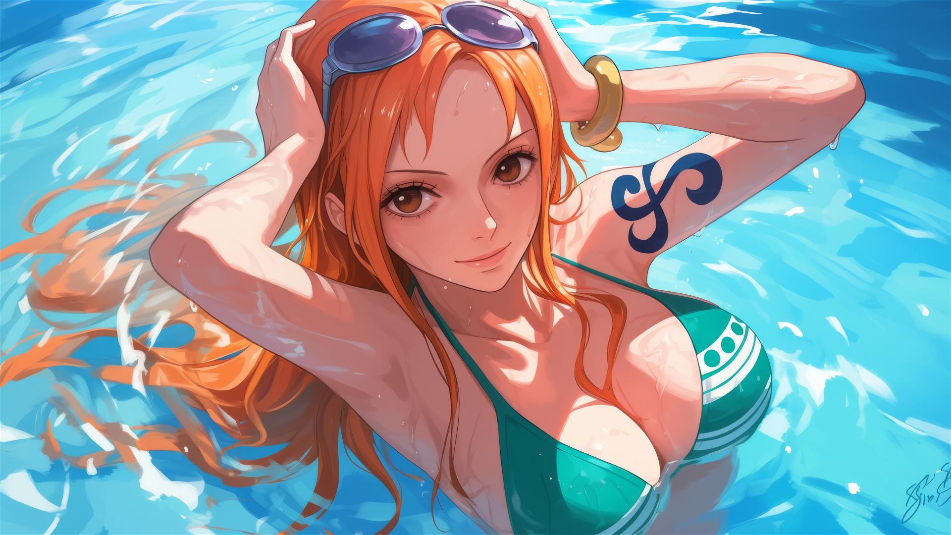 Nami from One Piece swimming in moonlit pool