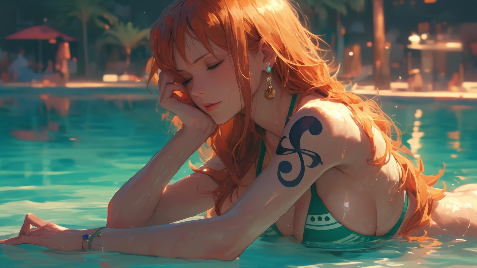 Nami from One Piece resting by the pool under moonlight