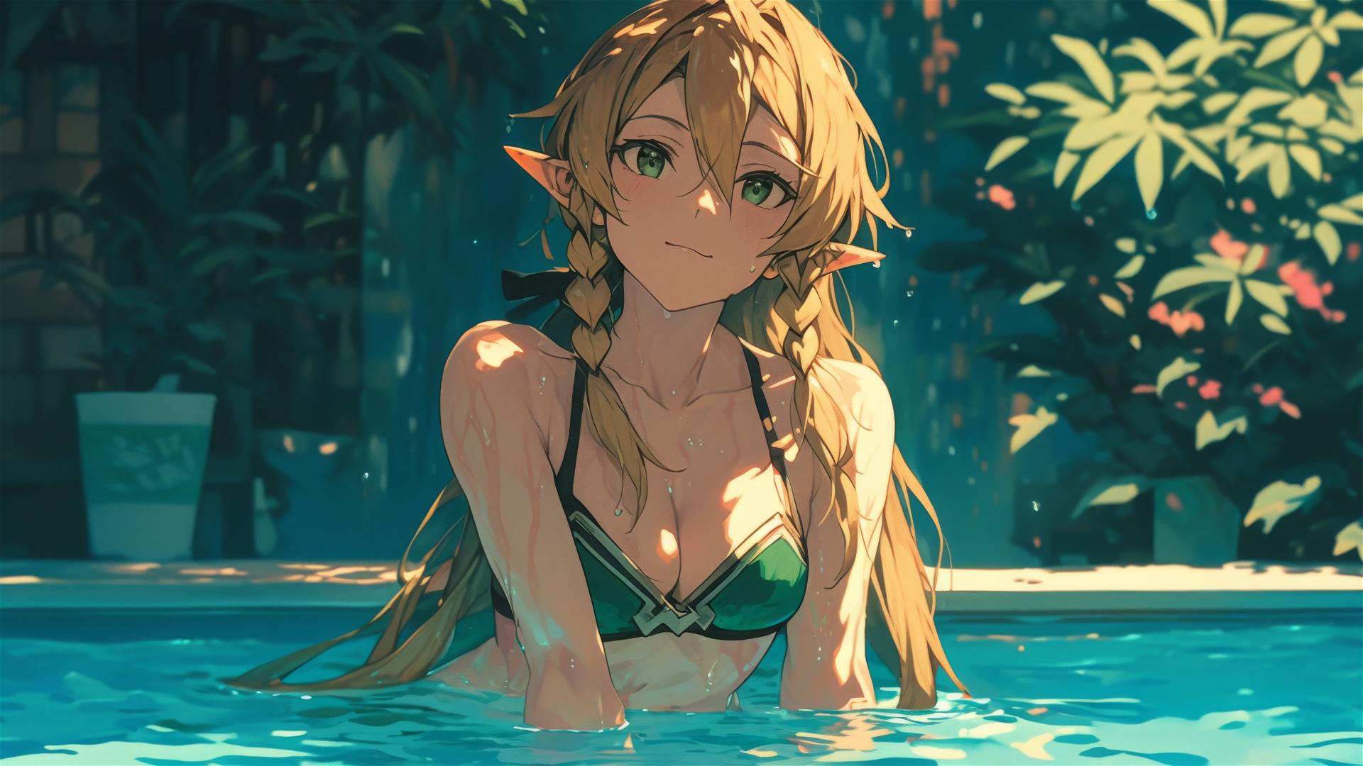 Leafa from Sword Art Online standing in pool under moonlight