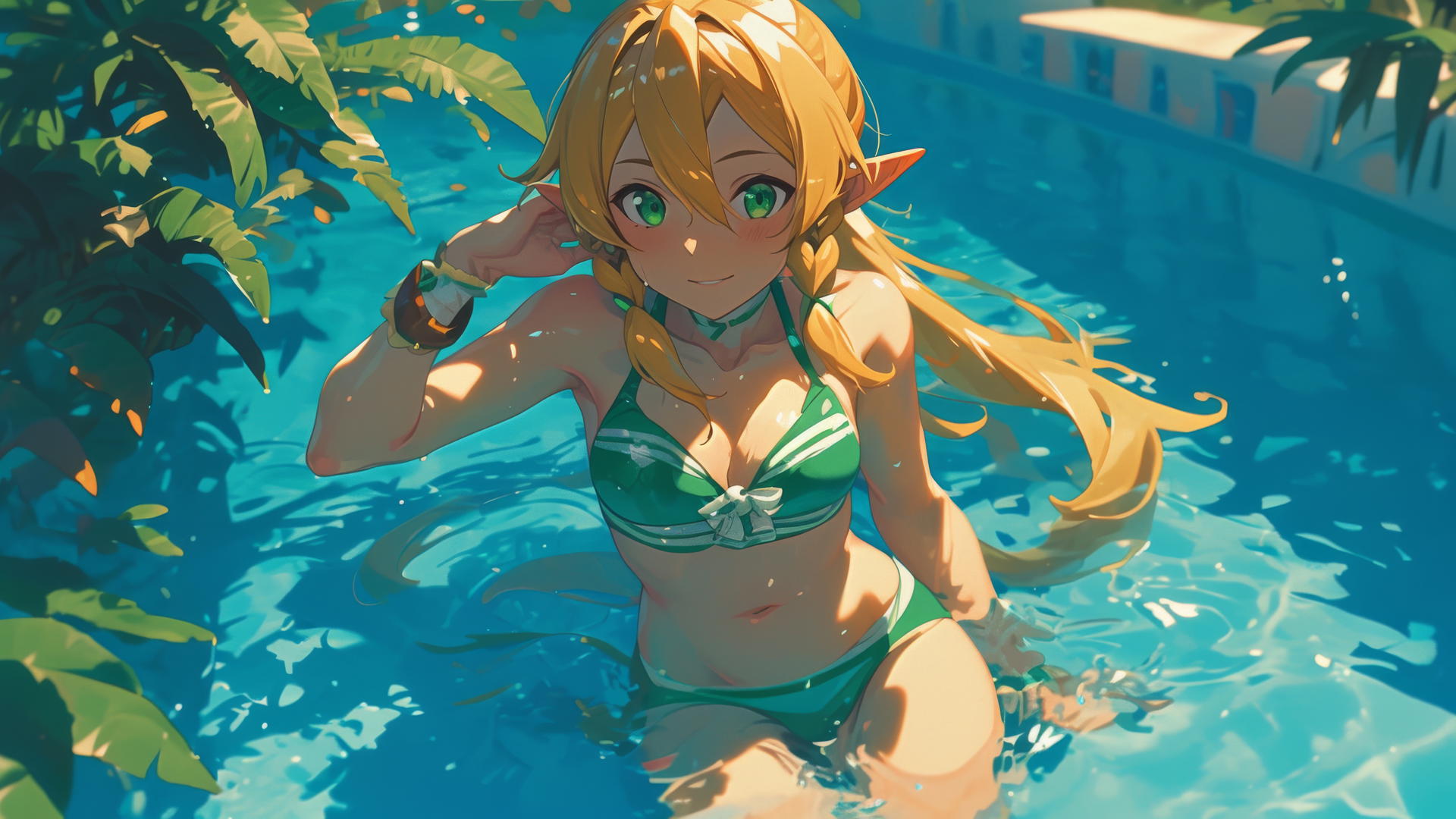 Leafa from Sword Art Online standing in a pool under moonlight