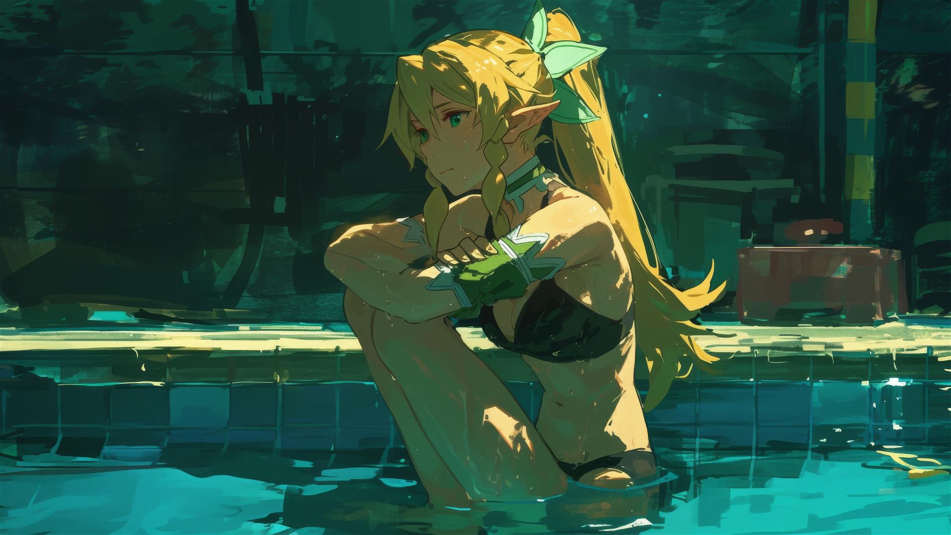 Leafa from SAO standing in a pool under moonlight