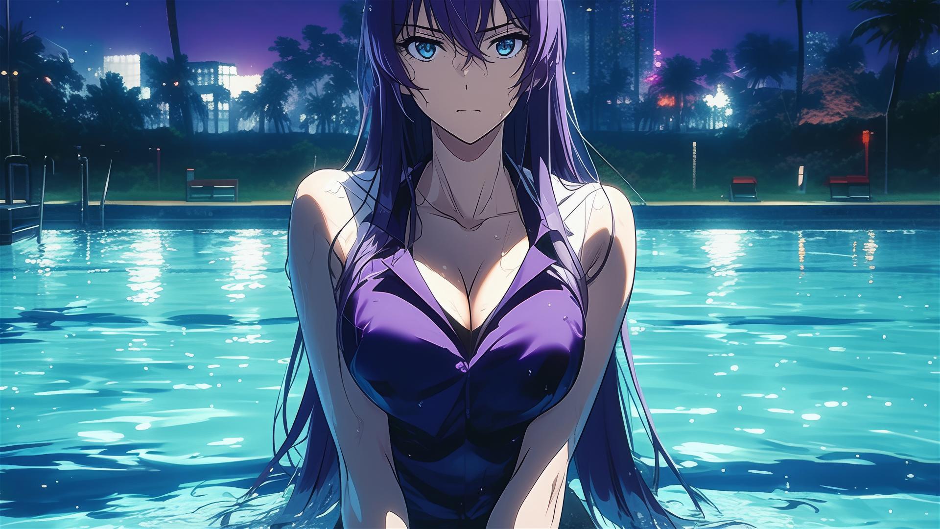 Saeko Busujima from Highschool of the Dead swimming in moonlit pool