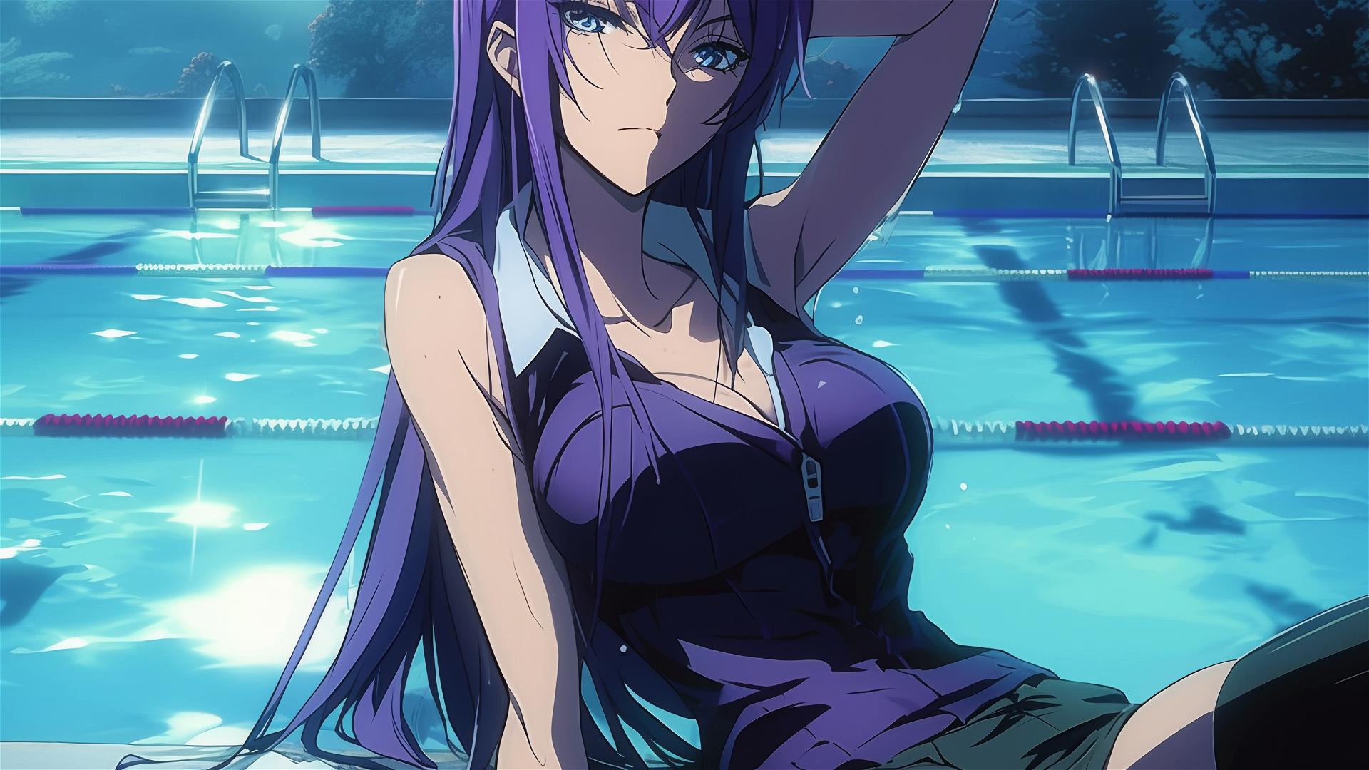 Saeko Busujima from Highschool of the Dead, resting in a pool under moonlight, with shiny purple hair and blue eyes.