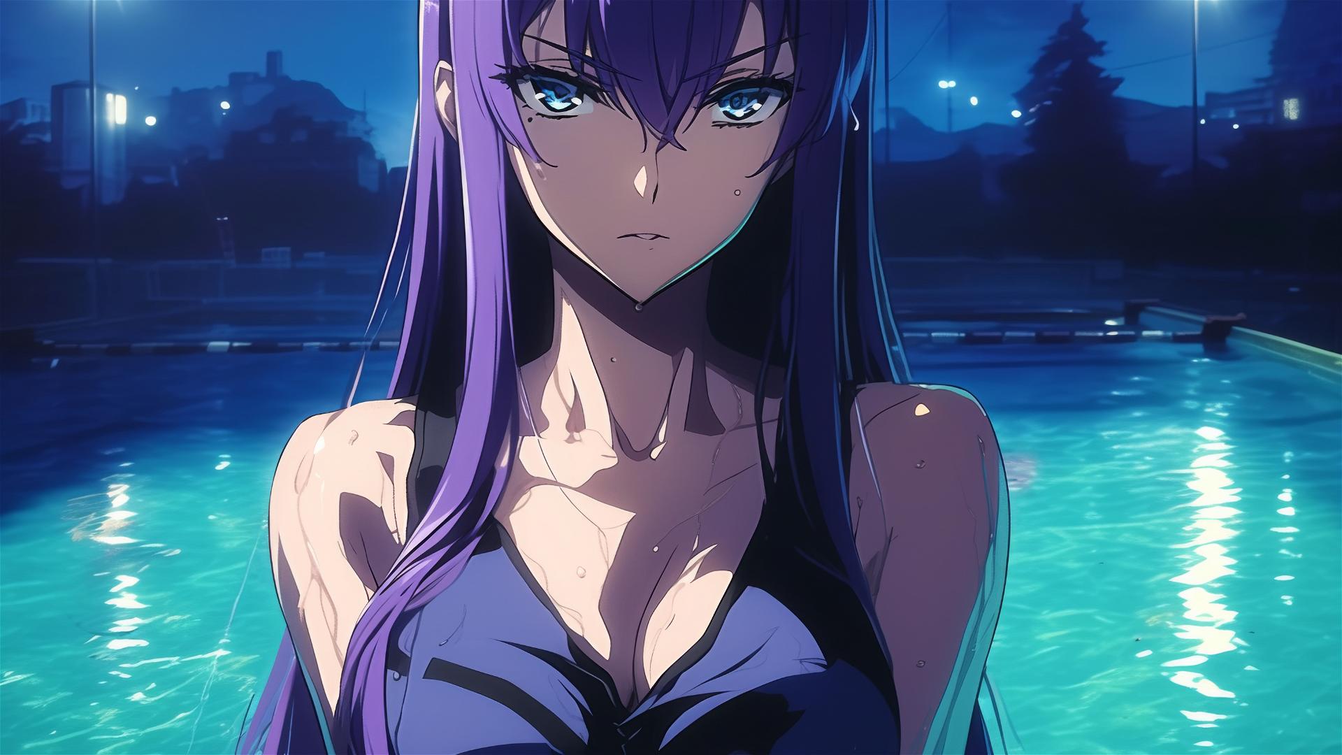 Saeko Busujima relaxing in pool under moonlight, long purple hair, blue eyes, serene mood
