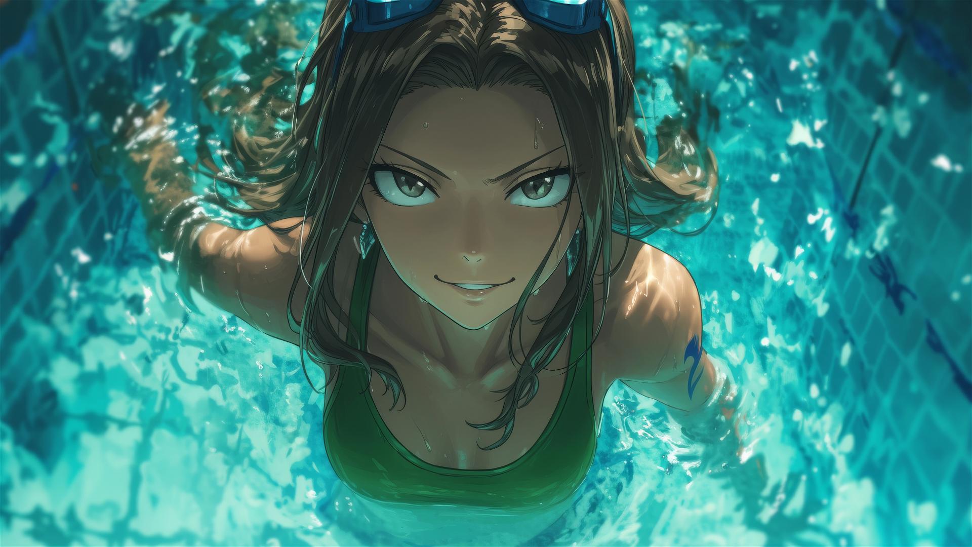 Cana Alberona from Fairy Tail leisurely swimming under moonlight