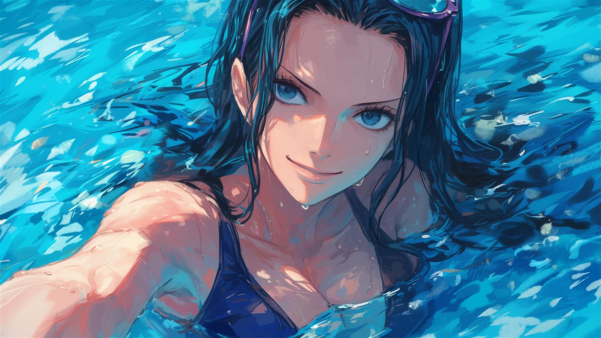 Nico Robin from One Piece swimming under moonlit pool