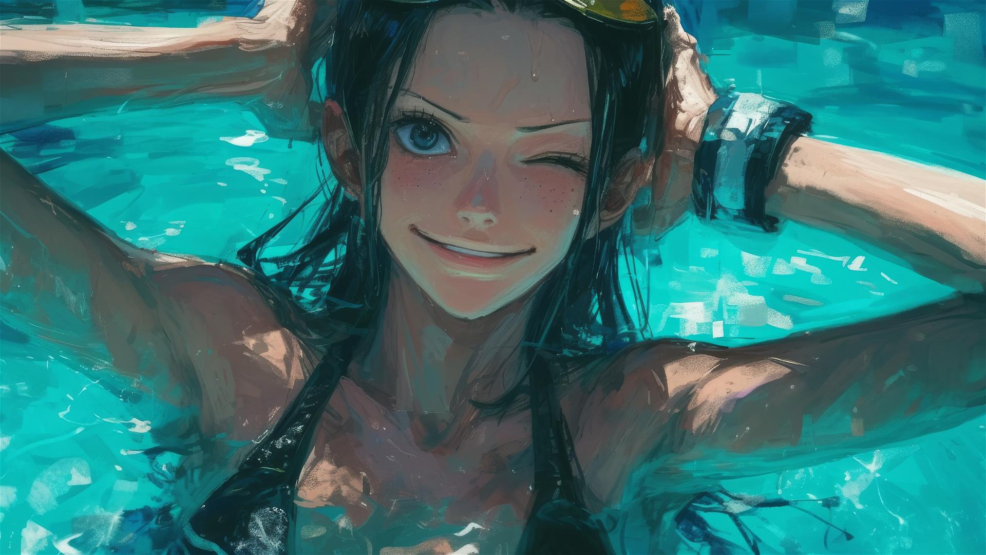 Nico Robin swimming under moonlight in a pool