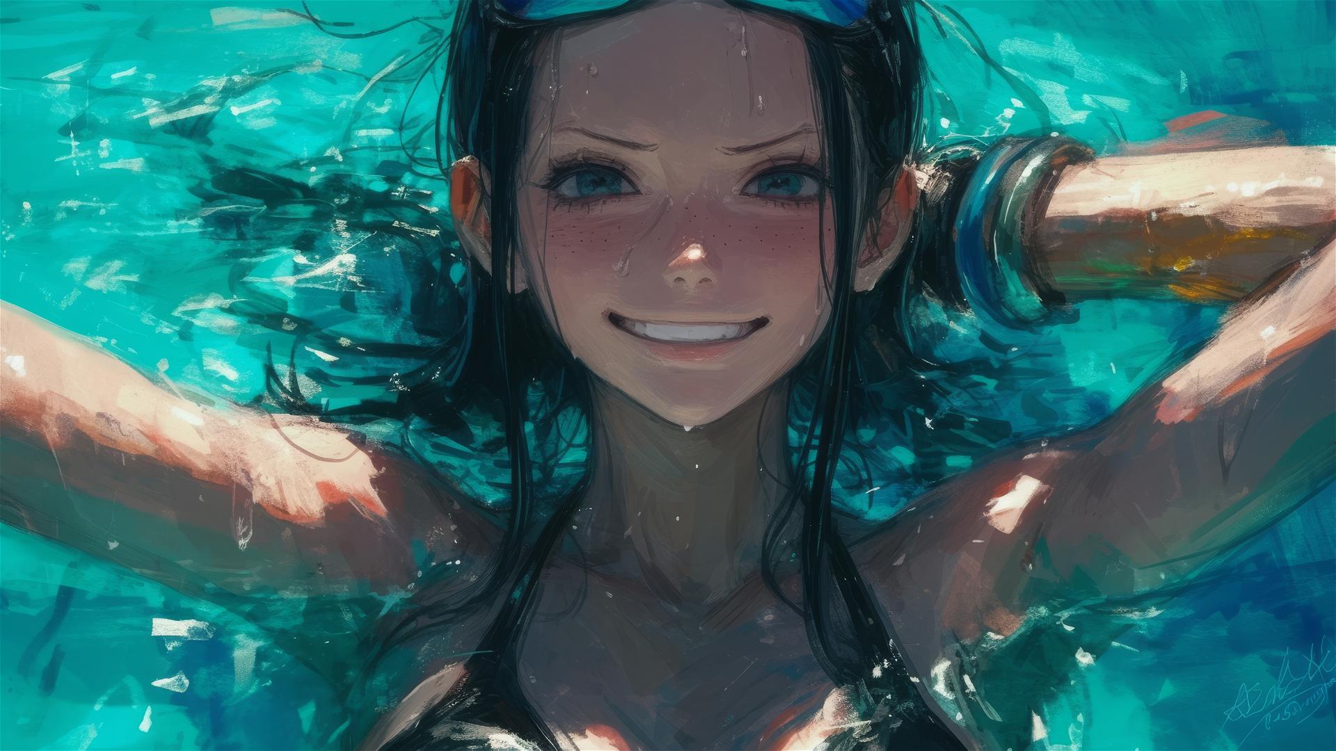 Nico Robin swimming in moonlit pool
