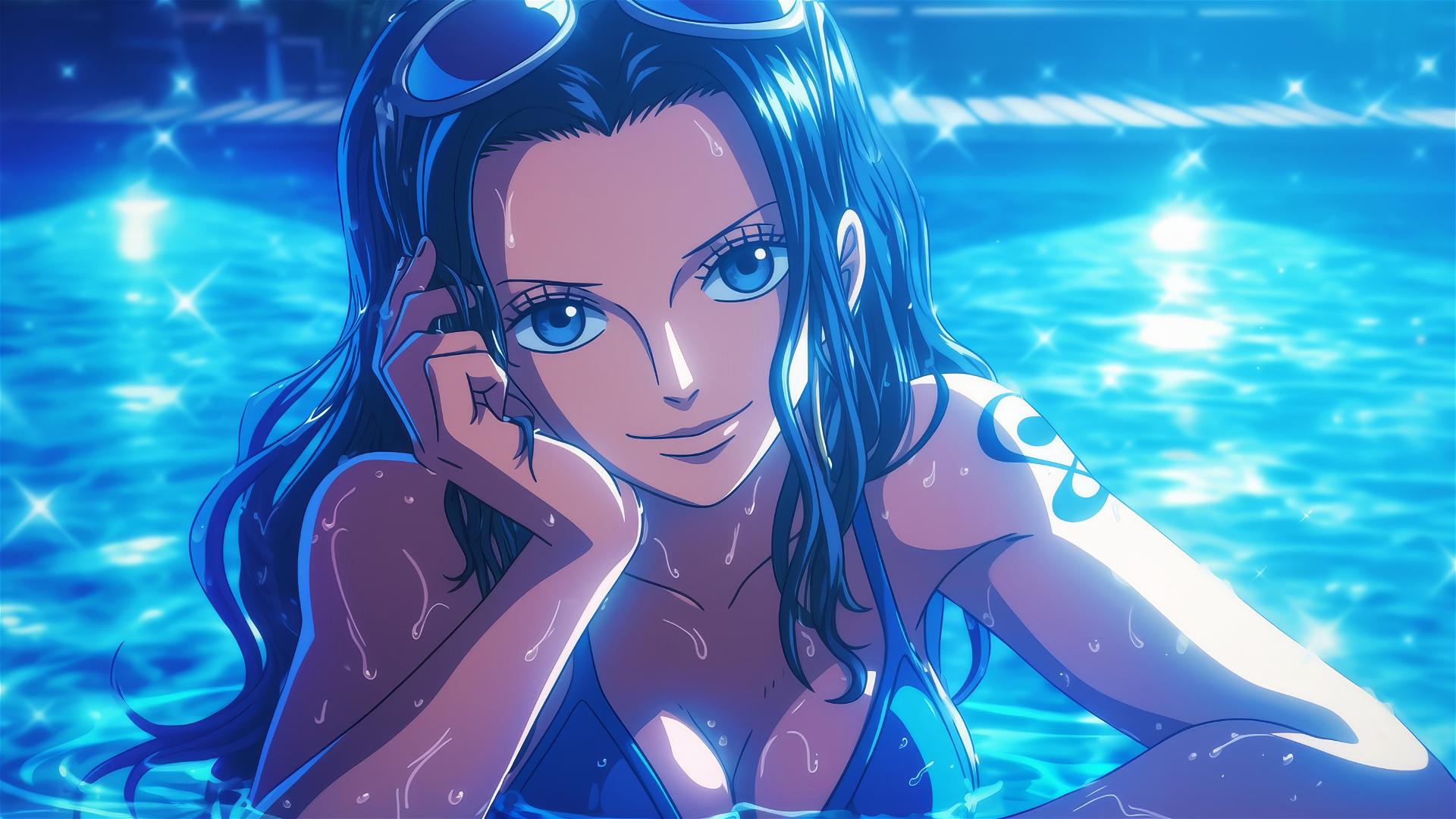 Nico Robin from One Piece swimming in pool under moonlight