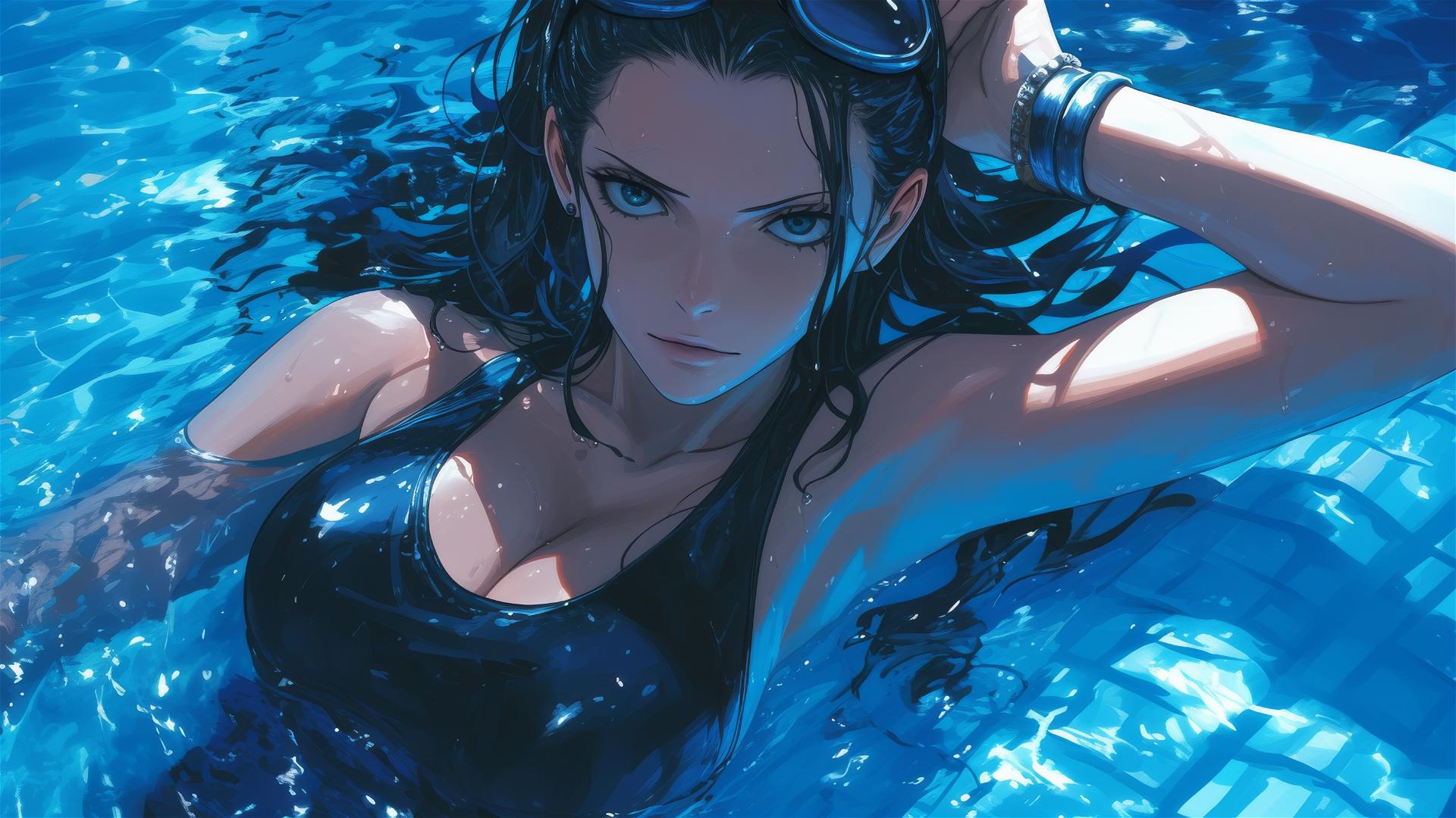 Nico Robin from One Piece swims in pool with moonlight glow
