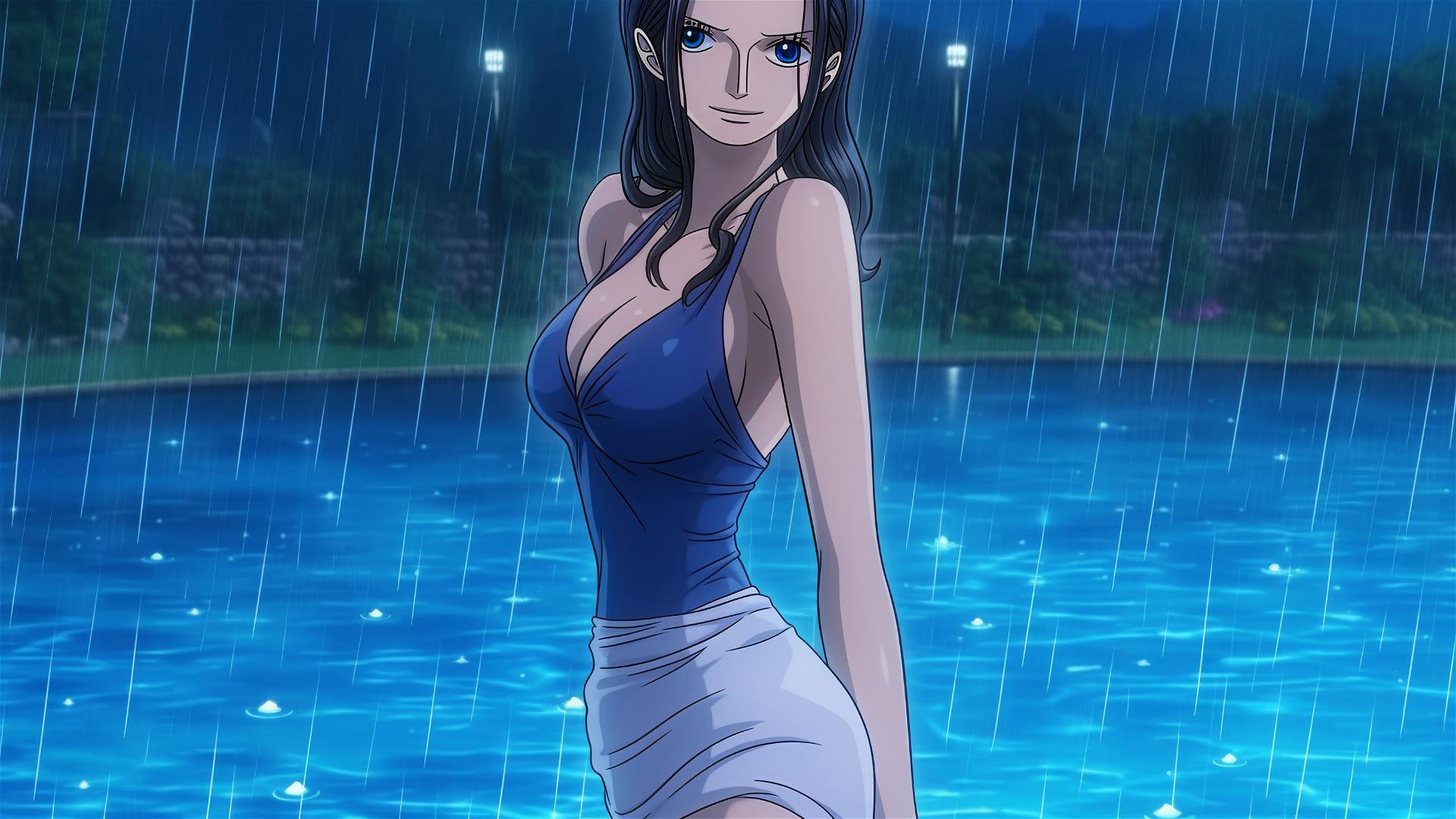Nico Robin from One Piece in bunny girl pose, white dress, rainy pool, moonlight