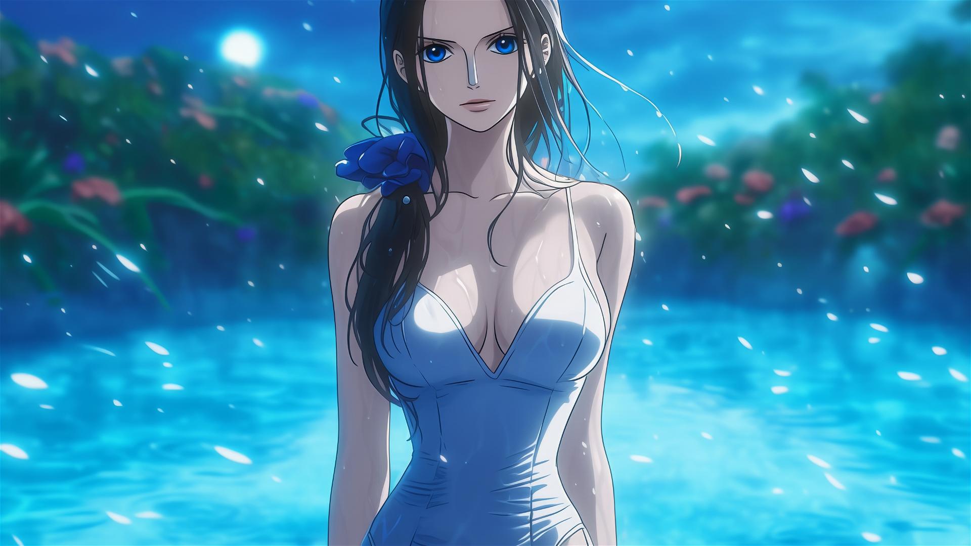 Nico Robin from One Piece in bunny pose in rainy pool with moonlight