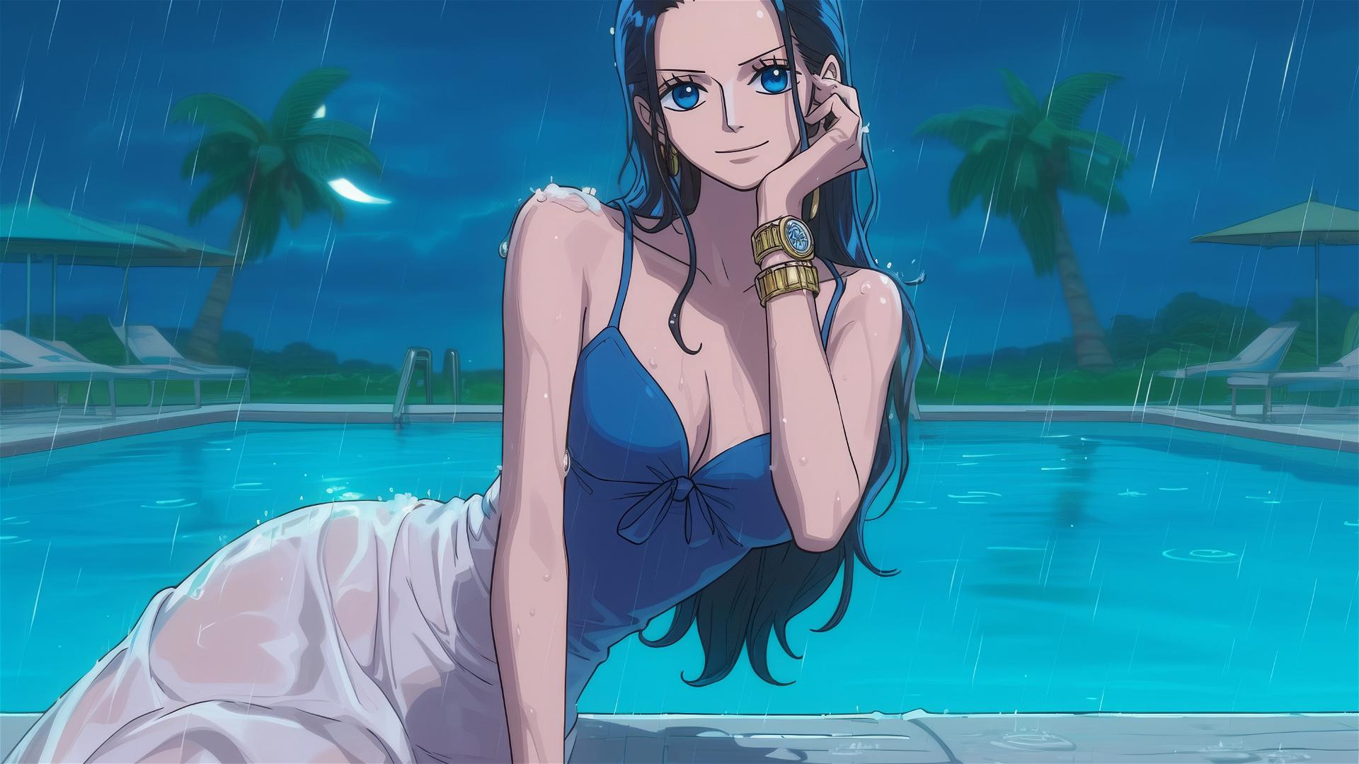 Nico Robin from One Piece by the pool in the rain at night