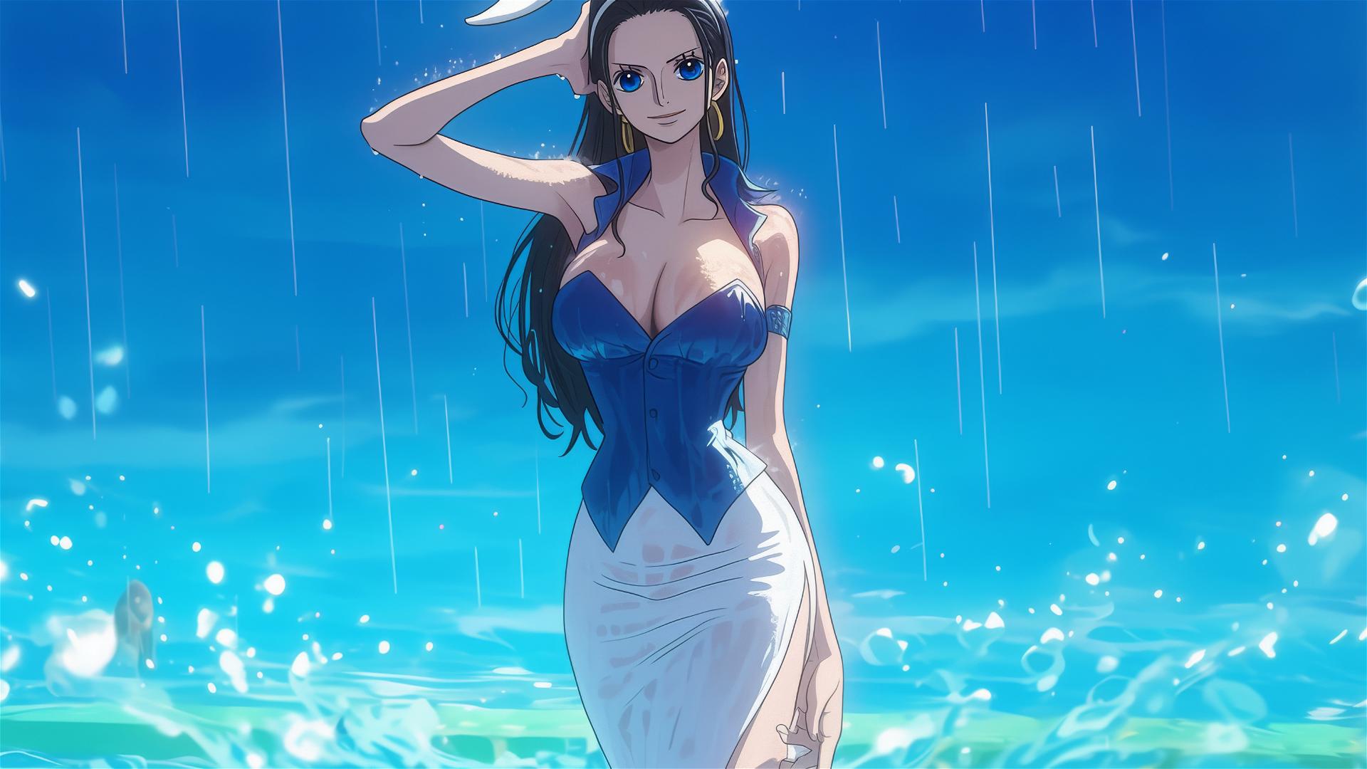 Nico Robin in white dress at rainy pool with moon glow