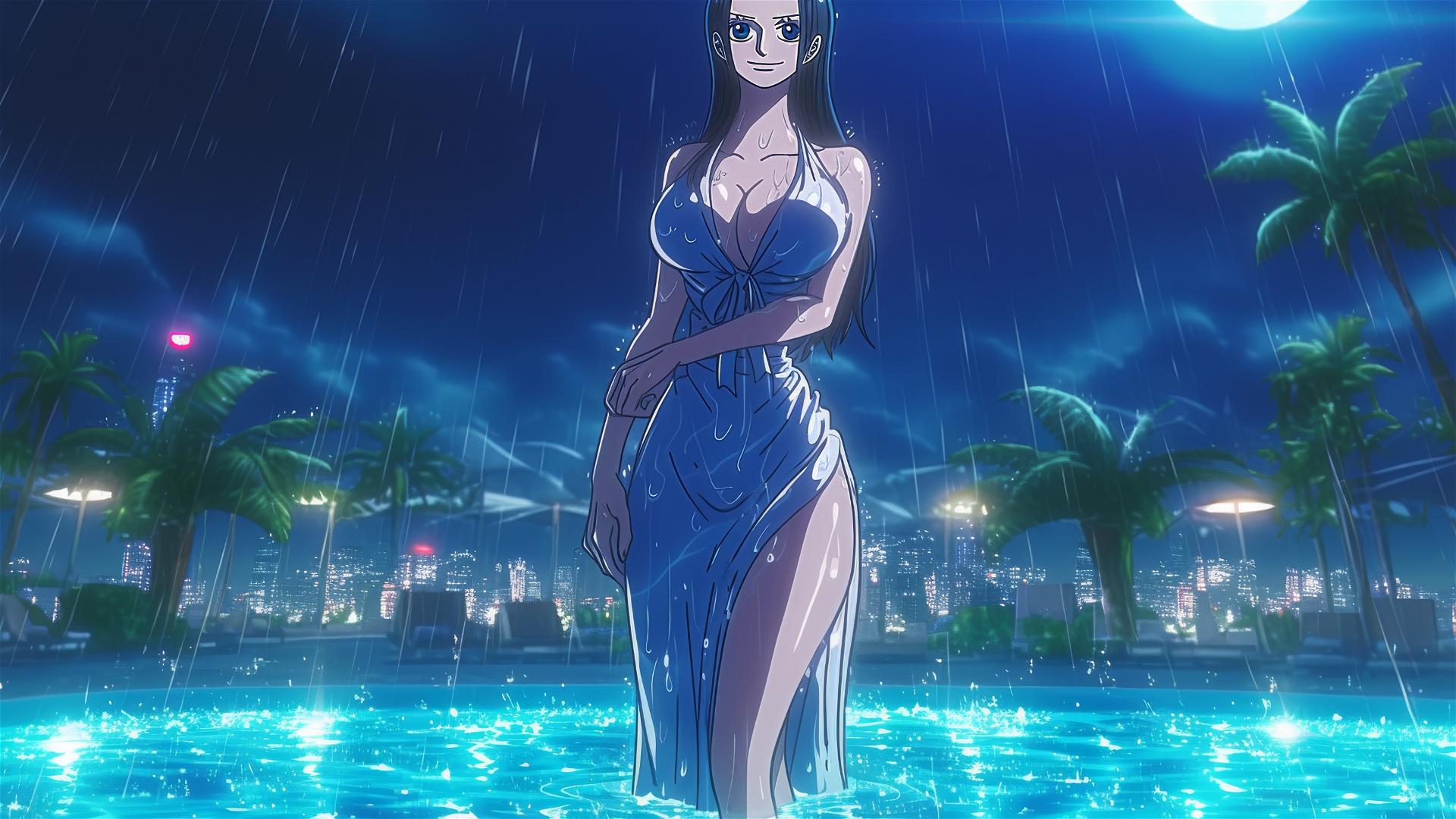 Nico Robin One Piece in rainy pool with moonlight, bunny girl pose