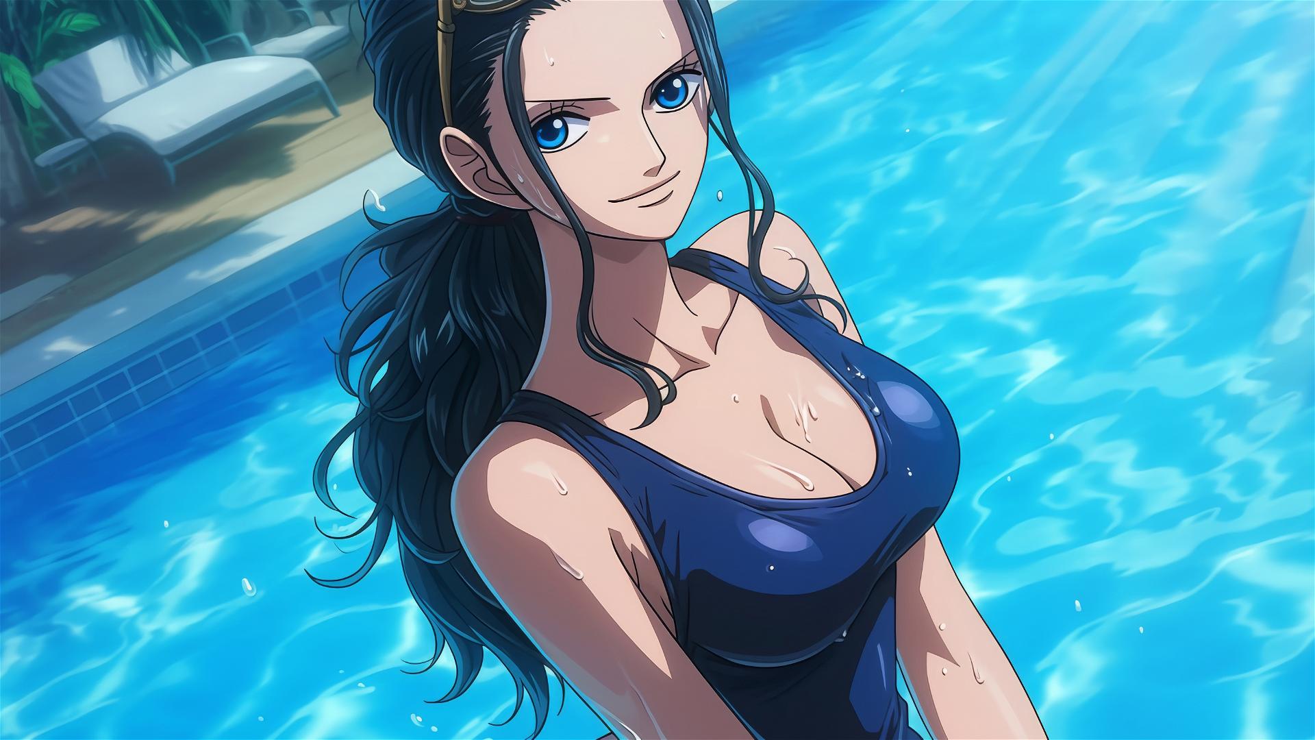 Nico Robin from One Piece standing by a pool under moonlight in a bunny girl outfit, blue eyes