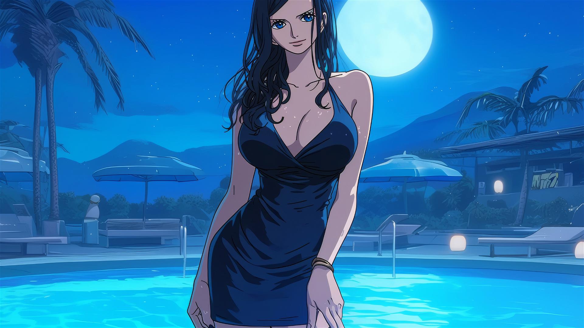 Nico Robin from One Piece in a bunny girl outfit by the pool under moonlight