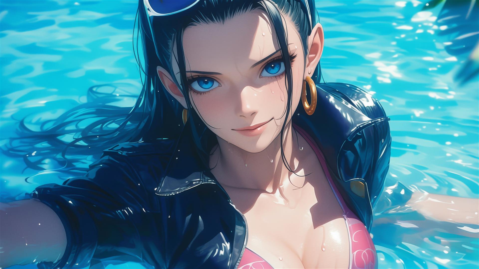 Nico Robin from One Piece standing by a pool under moonlight, blue eyes shining