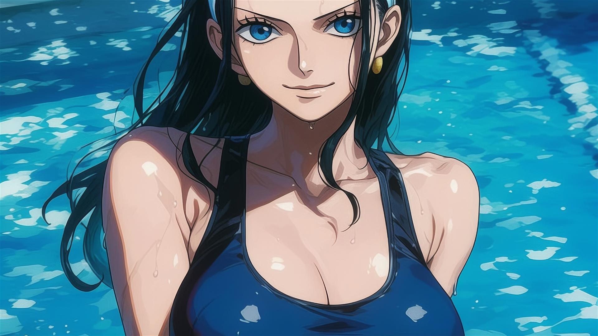 Nico Robin from One Piece standing by a pool under moonlight with blue eyes