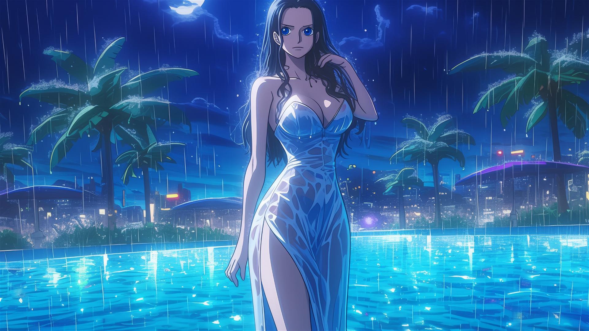 Nico Robin from One Piece in bunny pose in rainy pool with moon glow