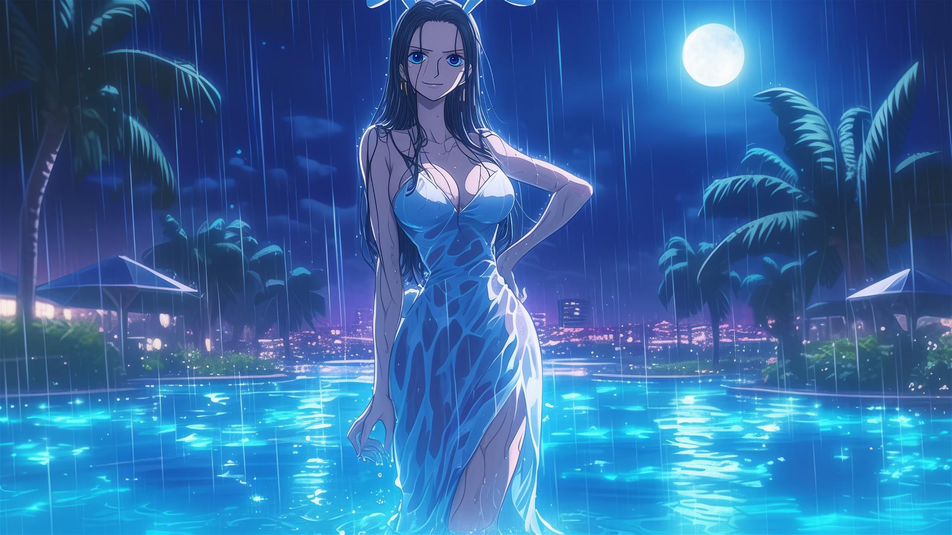 Nico Robin from One Piece in bunny girl pose in rainy pool with moonlight on her