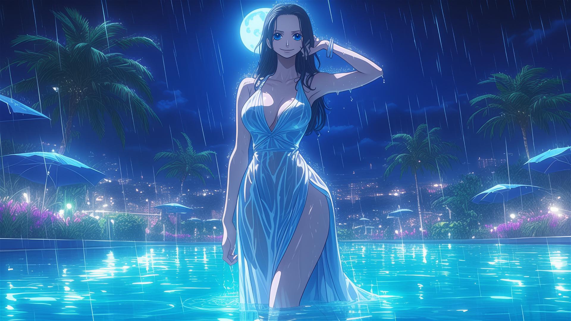 Nico Robin from One Piece in pool, moonlight on her, bunny pose, white dress, rainy day